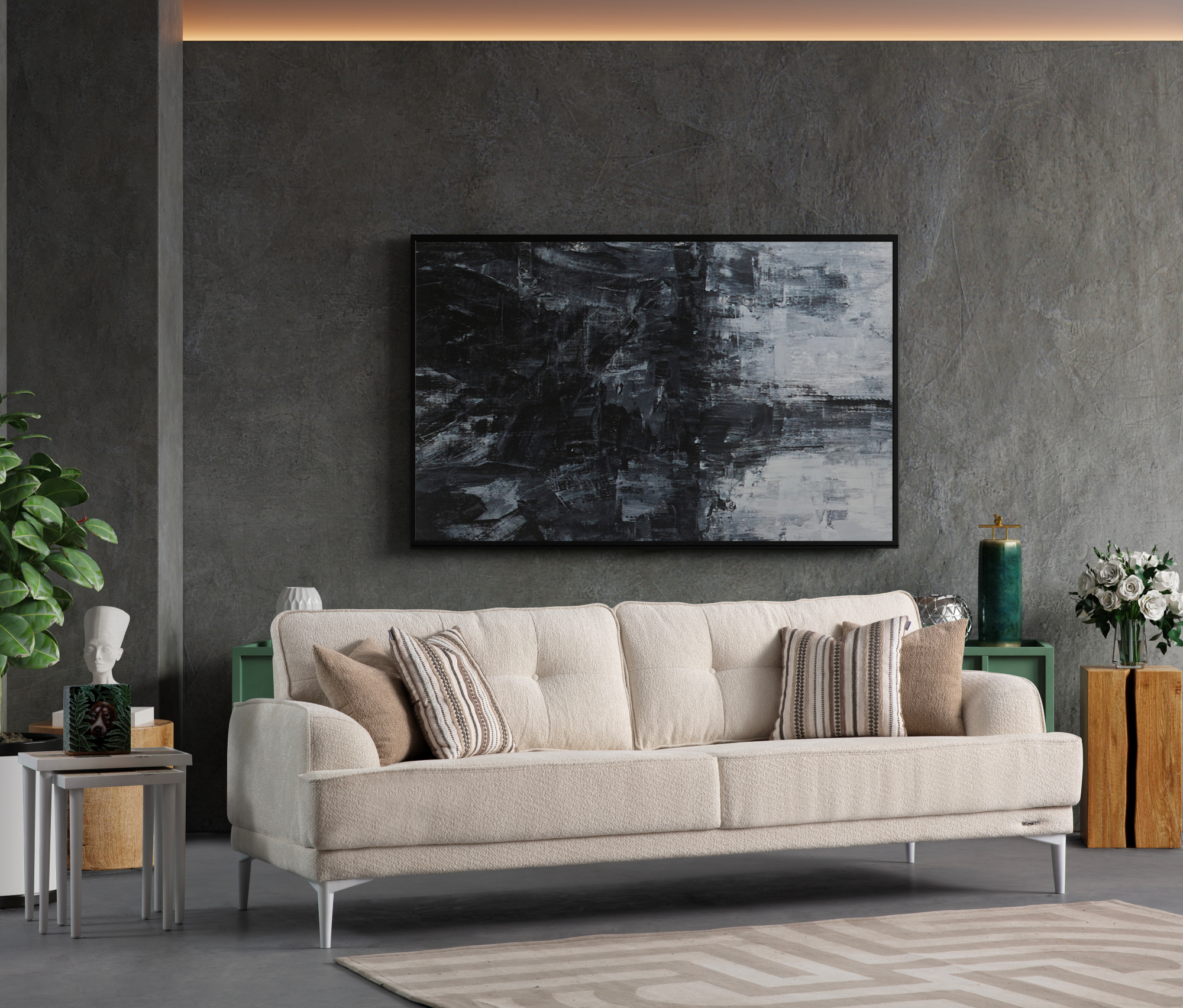 Netline Home Interior Sonya 2 Seater Sofa in a modern compact living room setting, showcasing plush cushions and sleek design.