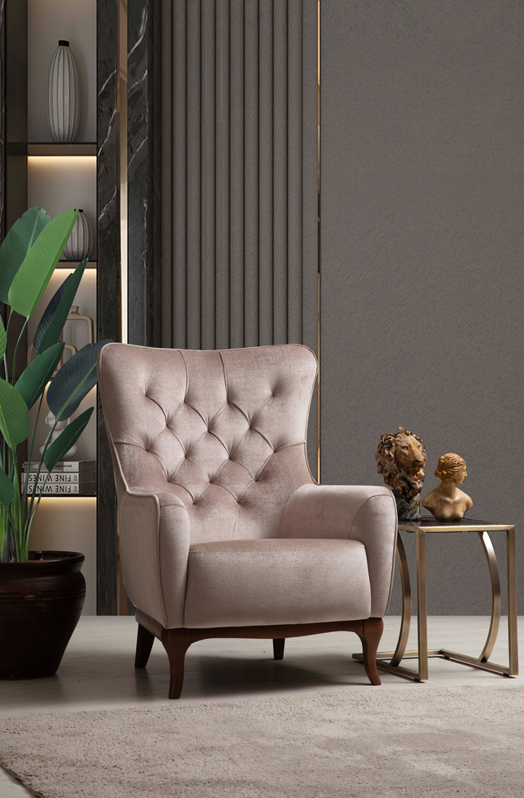 Netline Home Interior Daniella armchair with plush fabric upholstery and sleek wooden legs, designed as a comfortable accent seating piece.