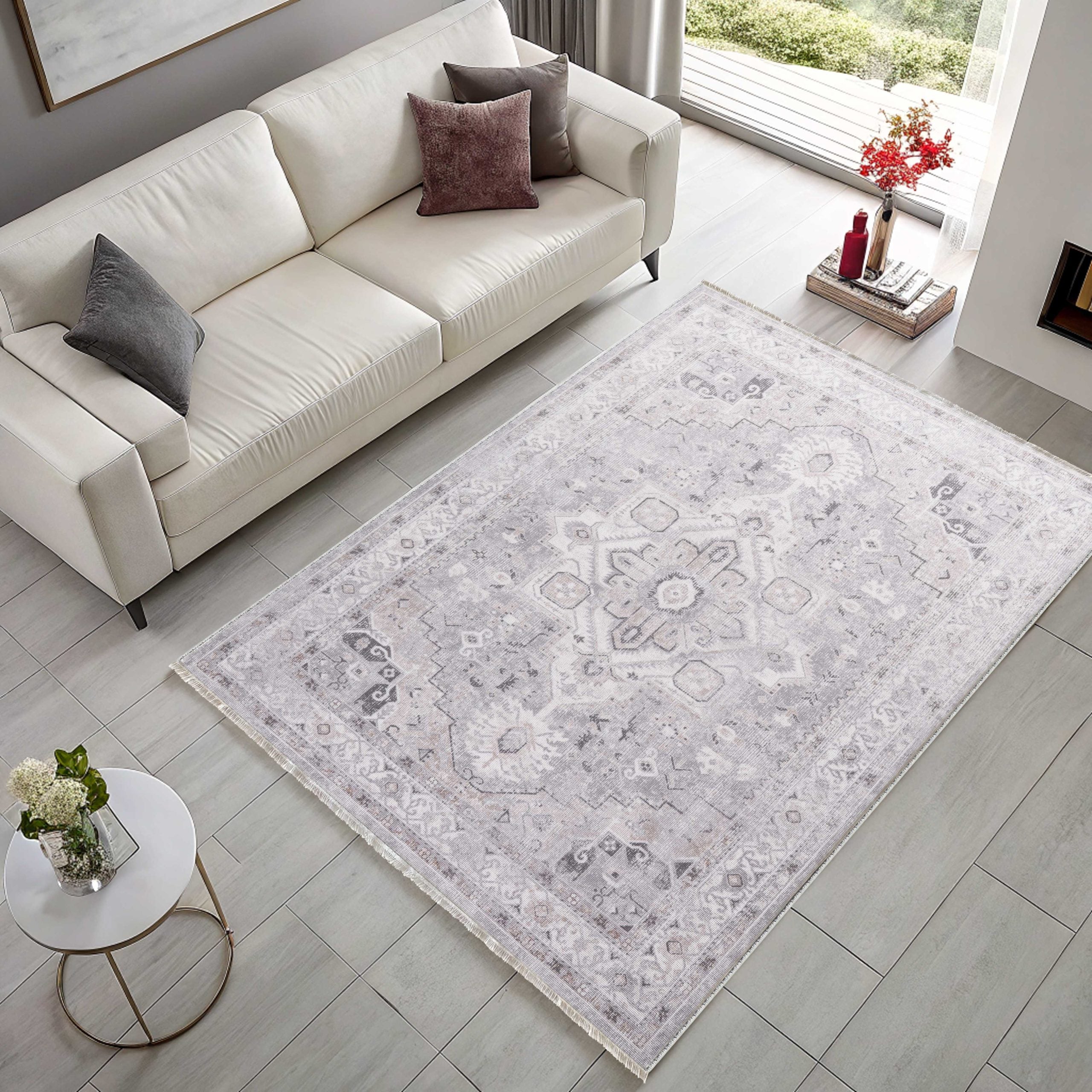 Netline Home Gray Silver Ethnic Classic Vintage Machine Washable Chenille Rug Design 3001-01 - Detailed Photoshoot - Netline Home