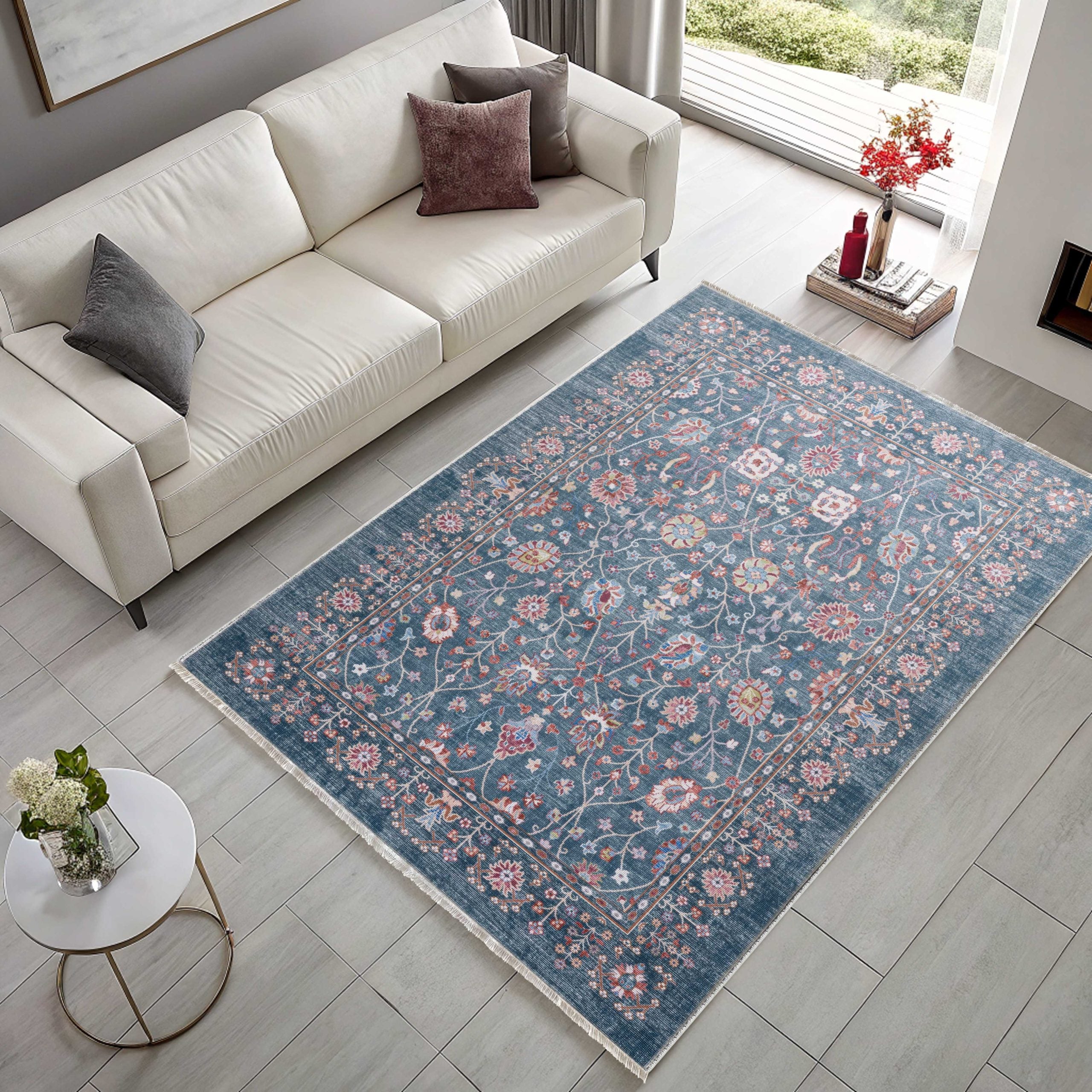 Netline Home Blue Navy Ethnic Classic Vintage Machine Washable Chenille Rug Design NH7150 - Detailed Photoshoot - Netline Home