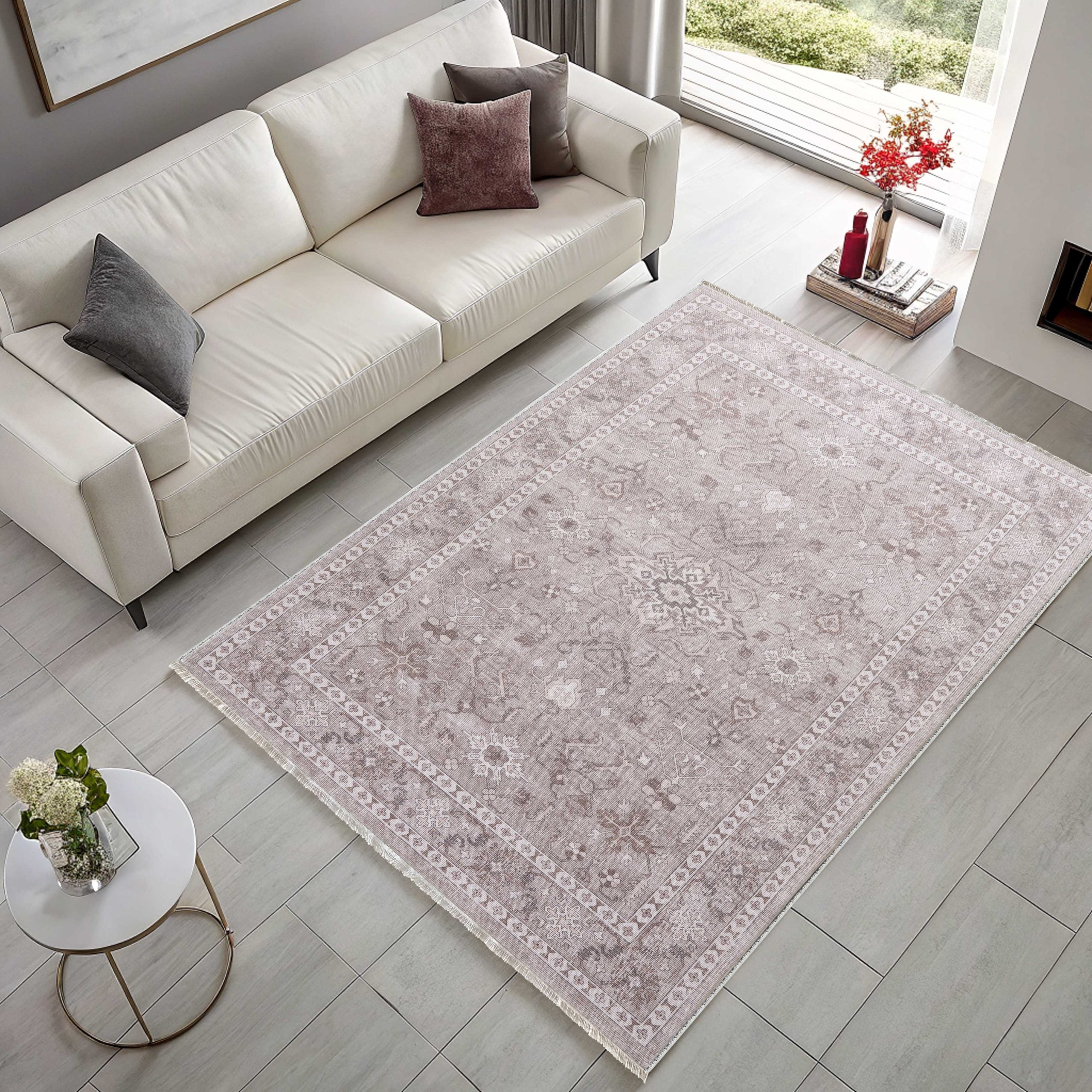 Netline Home Gray Silver Ethnic Classic Vintage Machine Washable Chenille Rug Design NH7148 - Detailed Photoshoot - Netline Home