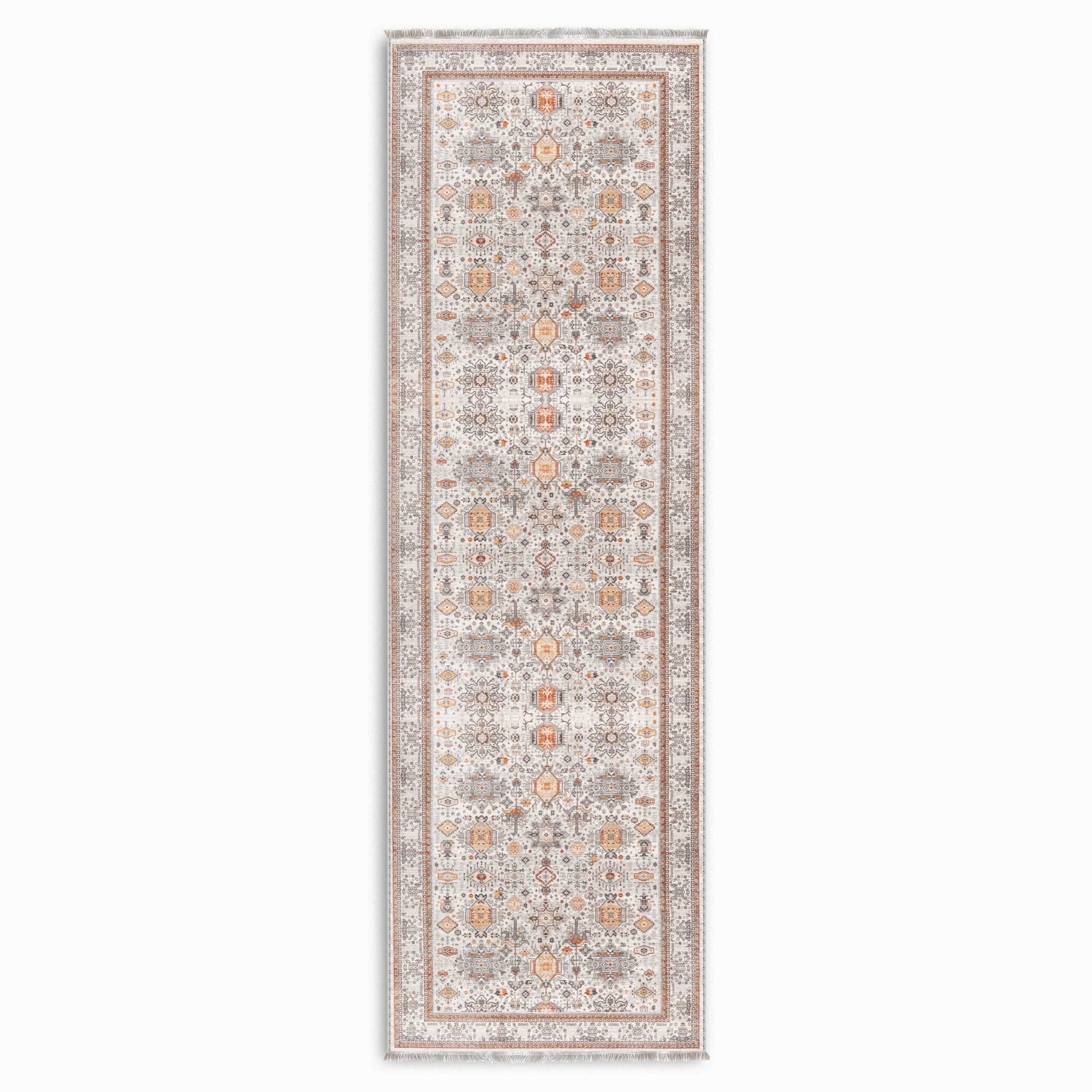Netline Home Cream White Orange Terracotta Ethnic Classic Vintage Machine Washable Chenille Rug Design 3008-01 - Gallery Image 5 - Netline Home