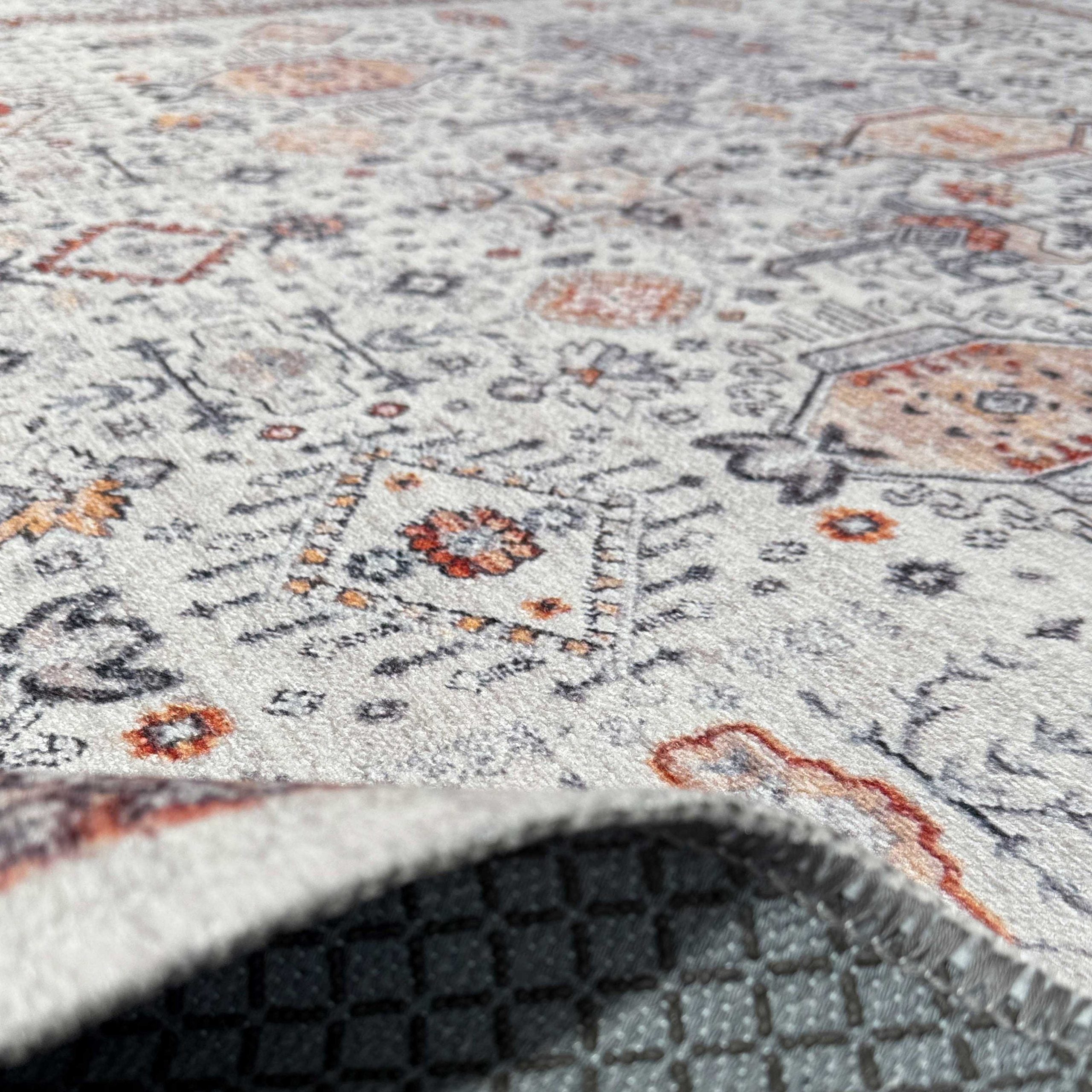 Netline Home Cream White Orange Terracotta Ethnic Classic Vintage Machine Washable Chenille Rug Design NH7144 - Gallery Image 4 - Netline Home