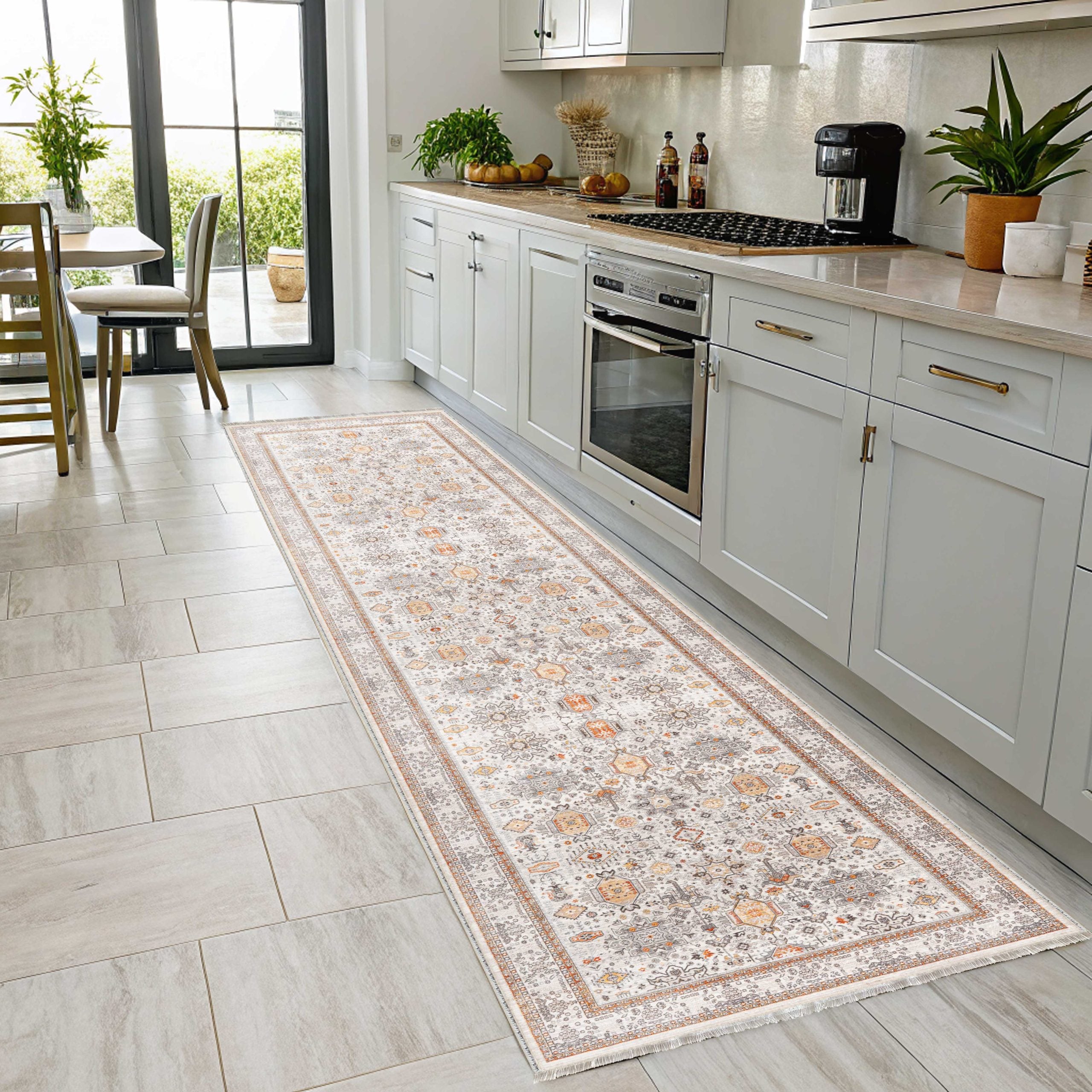 Netline Home Cream White Orange Terracotta Ethnic Classic Vintage Machine Washable Chenille Rug Design NH7144 - Gallery Image 6 - Netline Home