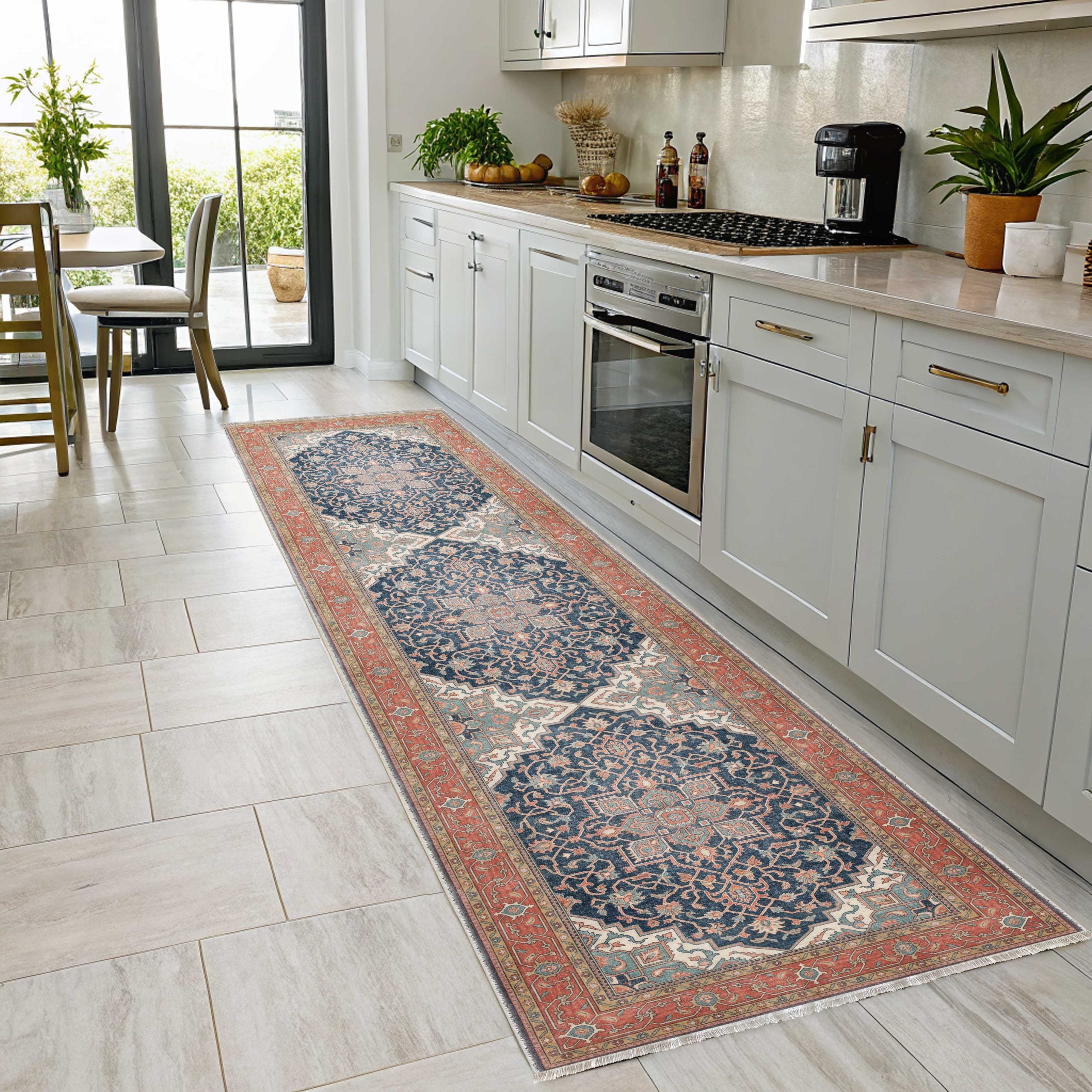 Netline Home Blue Navy Orange Terracotta Ethnic Classic Vintage Machine Washable Chenille Rug Design NH7170 - Gallery Image 6 - Netline Home