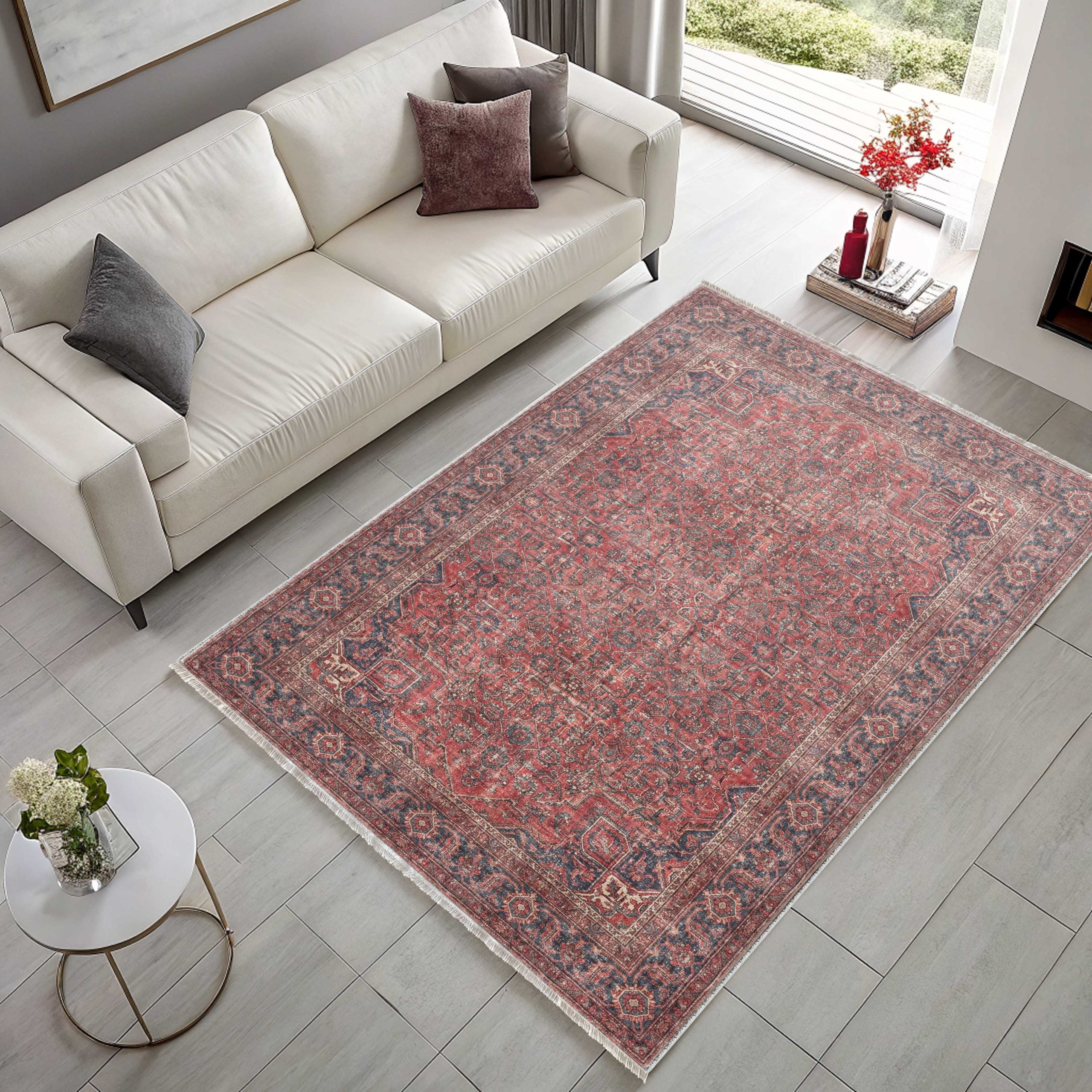 Netline Home Red Burgundy Ethnic Classic Vintage Machine Washable Chenille Rug Design 3042 - Detailed Photoshoot - Netline Home