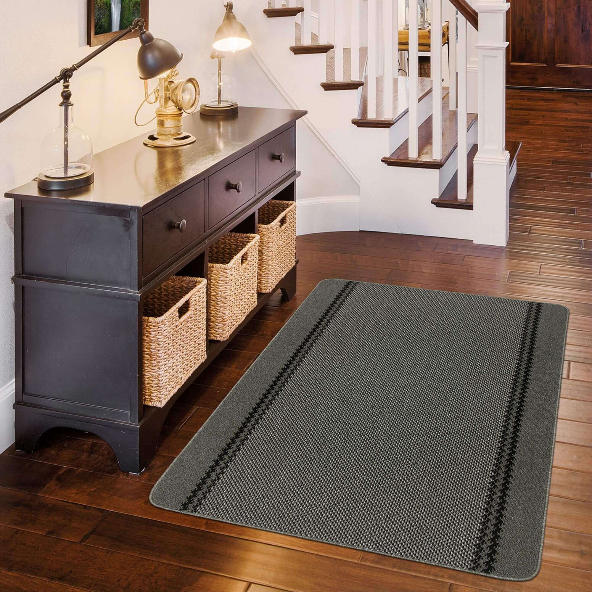 Washable Bordered Dark Grey Rug | 116D