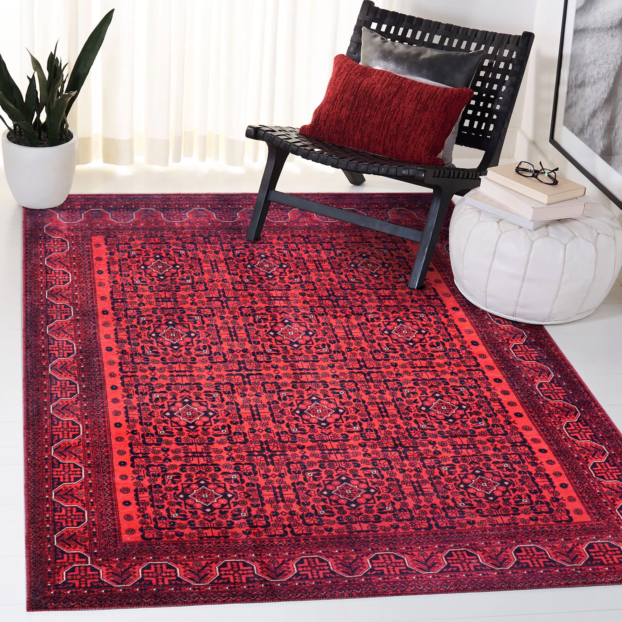 Scarlet Majesty Afghan Design Rug Red Machine Washable