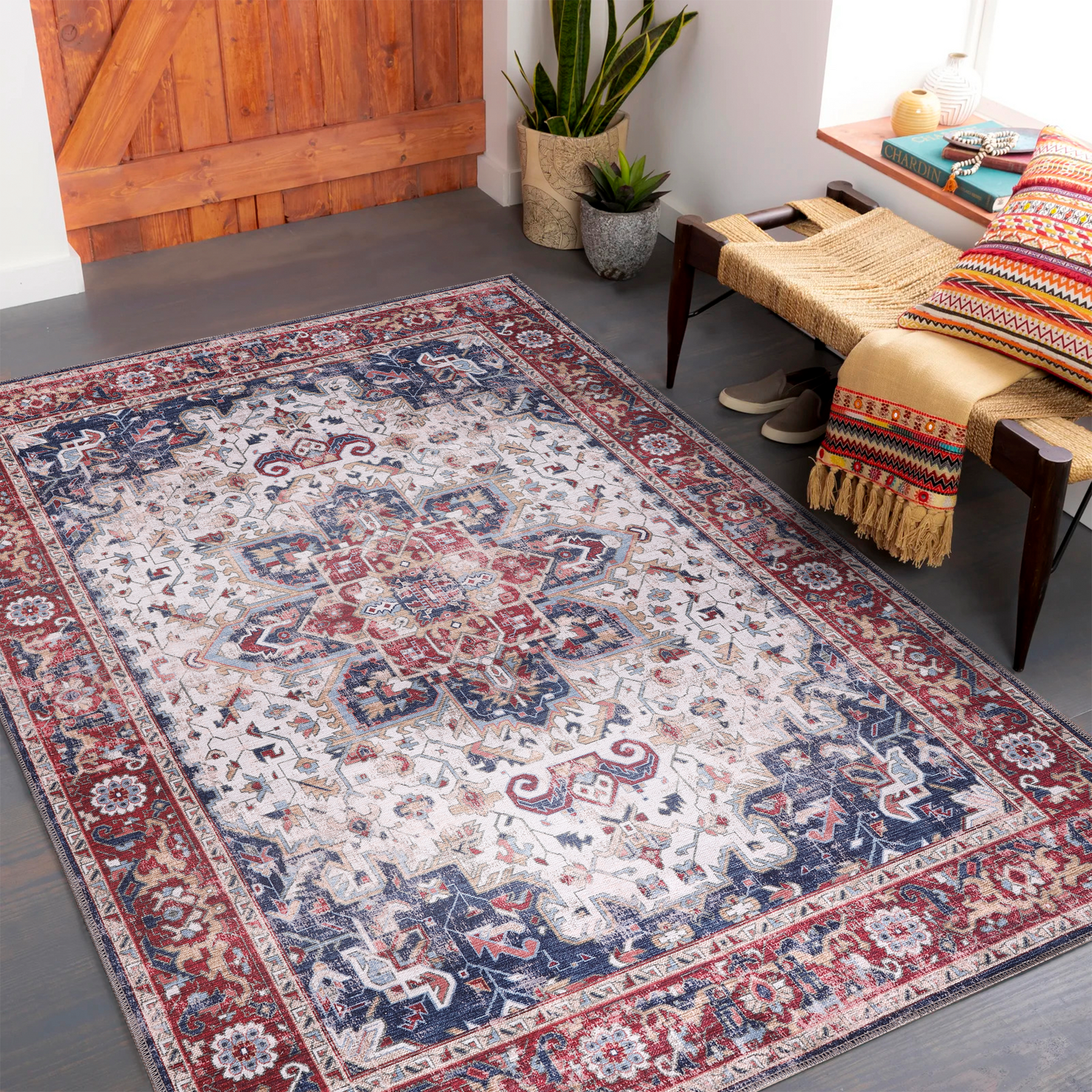 Radiant Border Deep Red Traditional Washable Rug by Netline Home