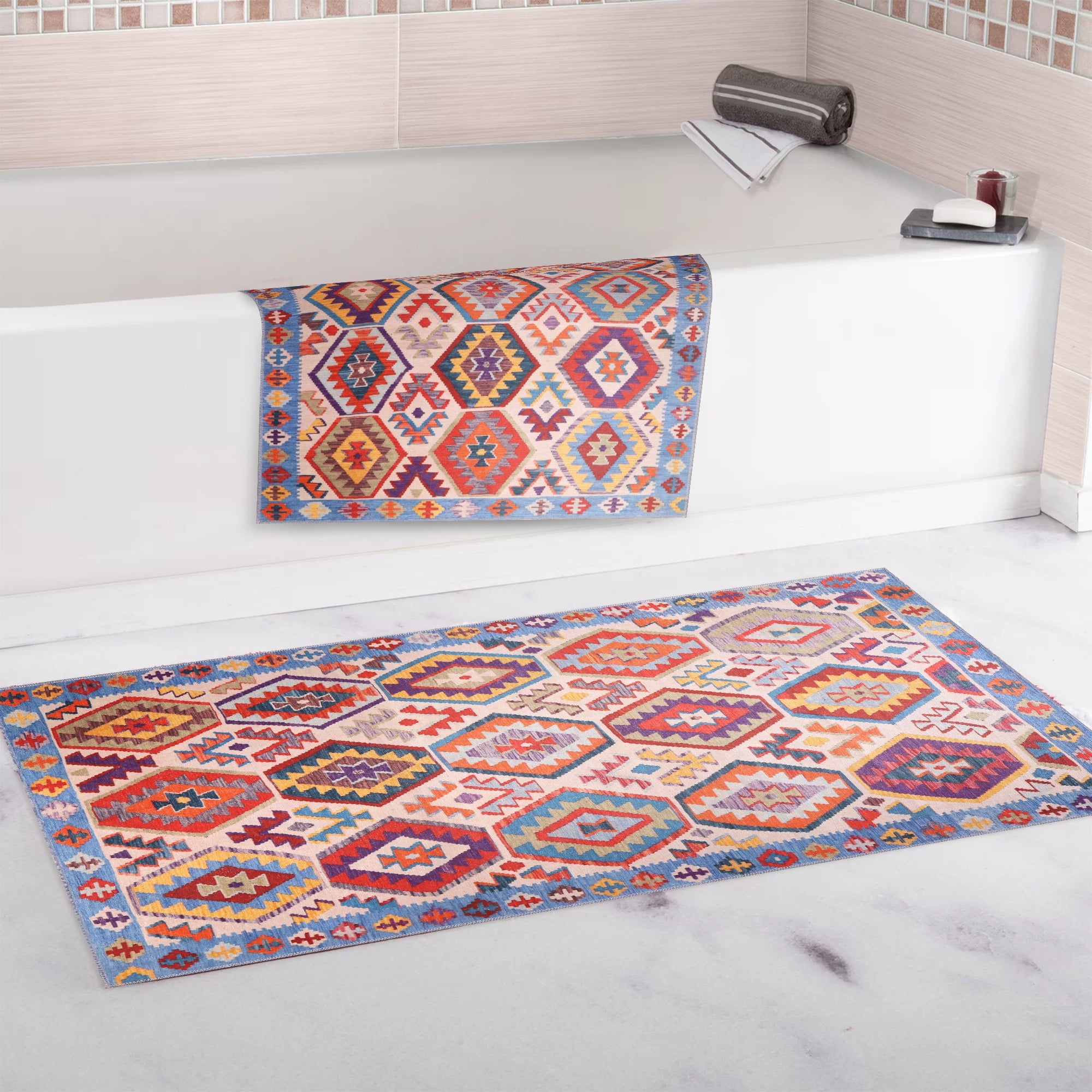 Machine Washable Blue Rug 1315 | Abstract Design – Netline Home_Bath Mat__2