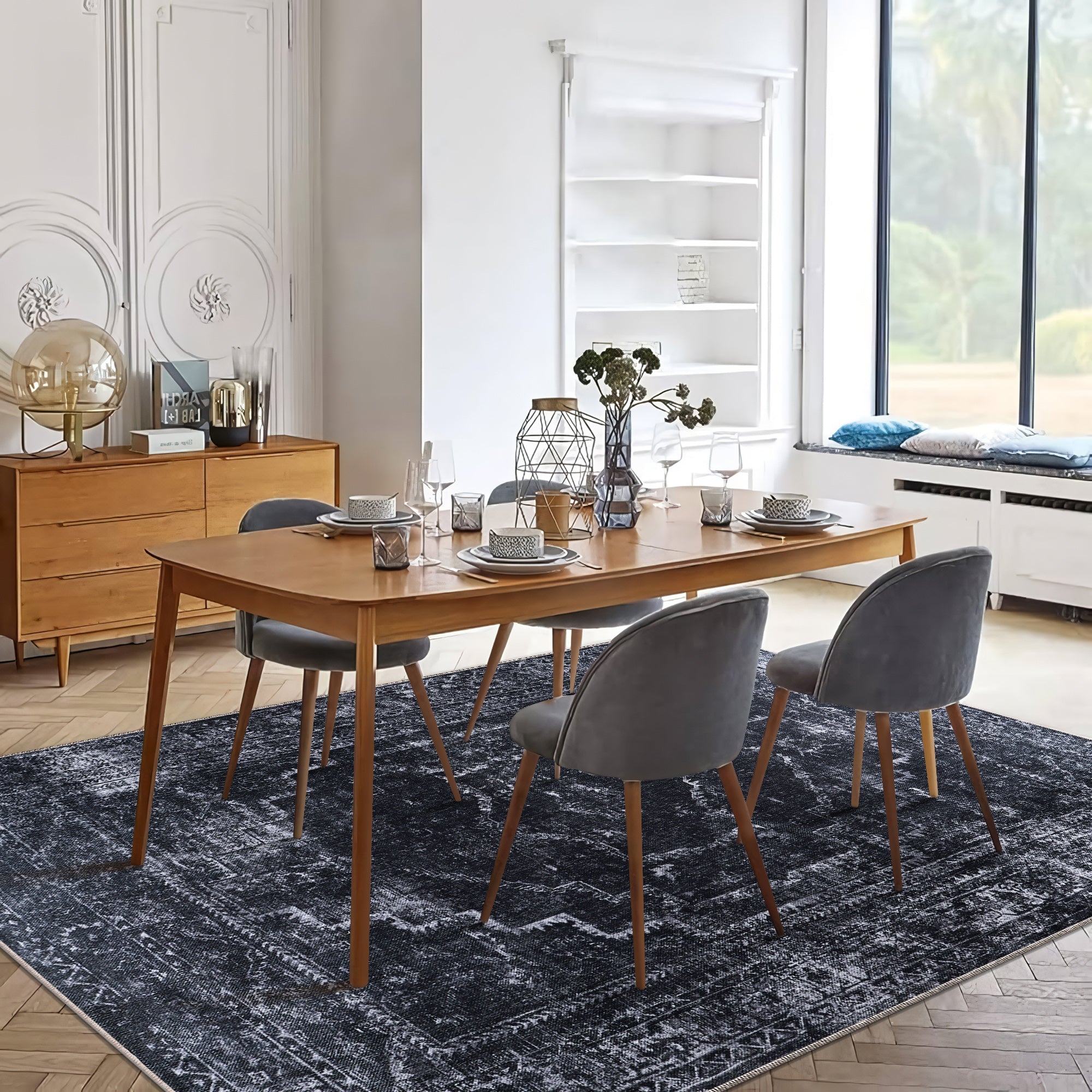 Machine washable black rug RW1007 vintage medallion design for living_Room_10_RW_1007