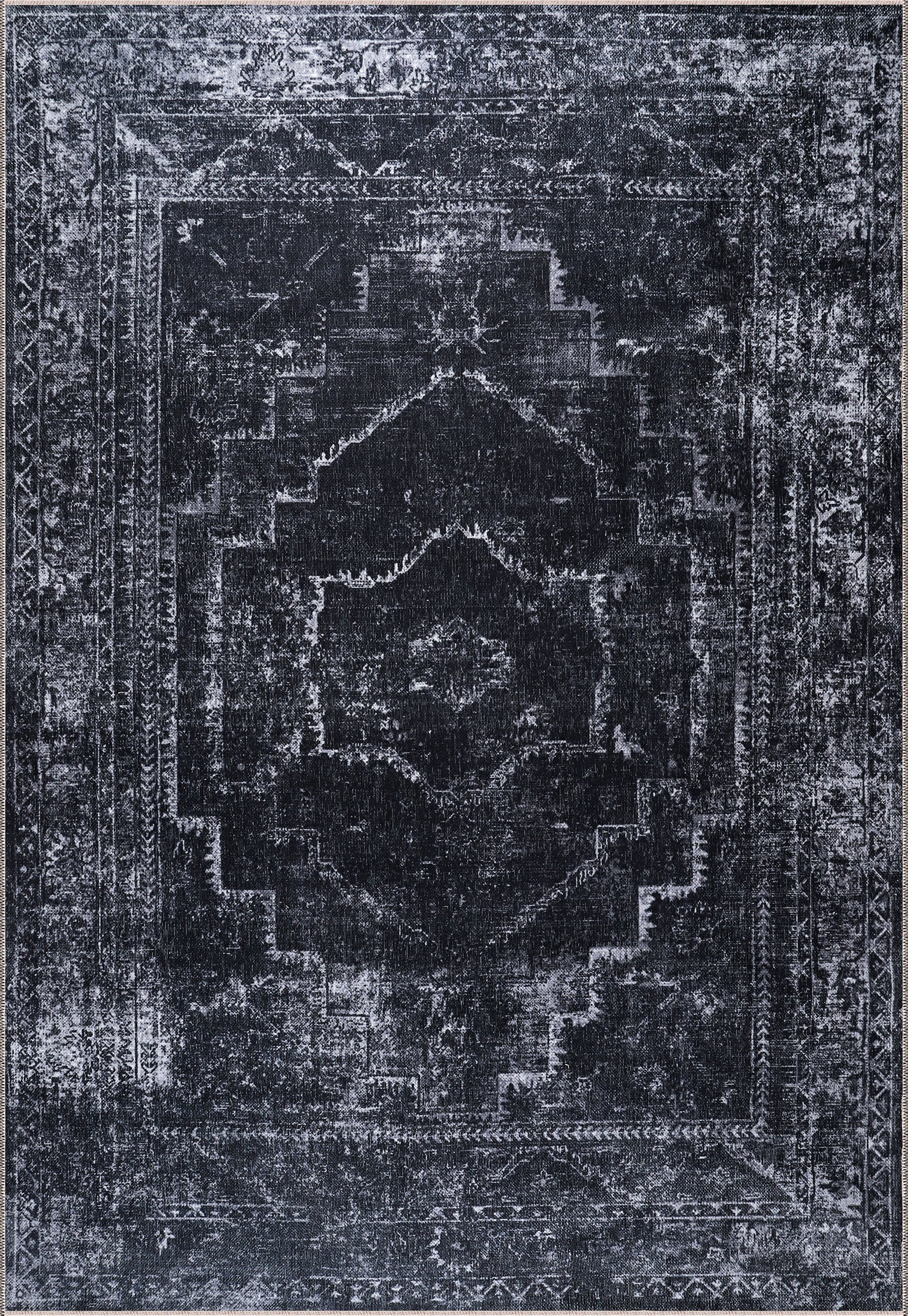 Machine washable black distressed rug with vintage medallion design by Netline Home, ideal for living rooms, bedrooms, or offices.
