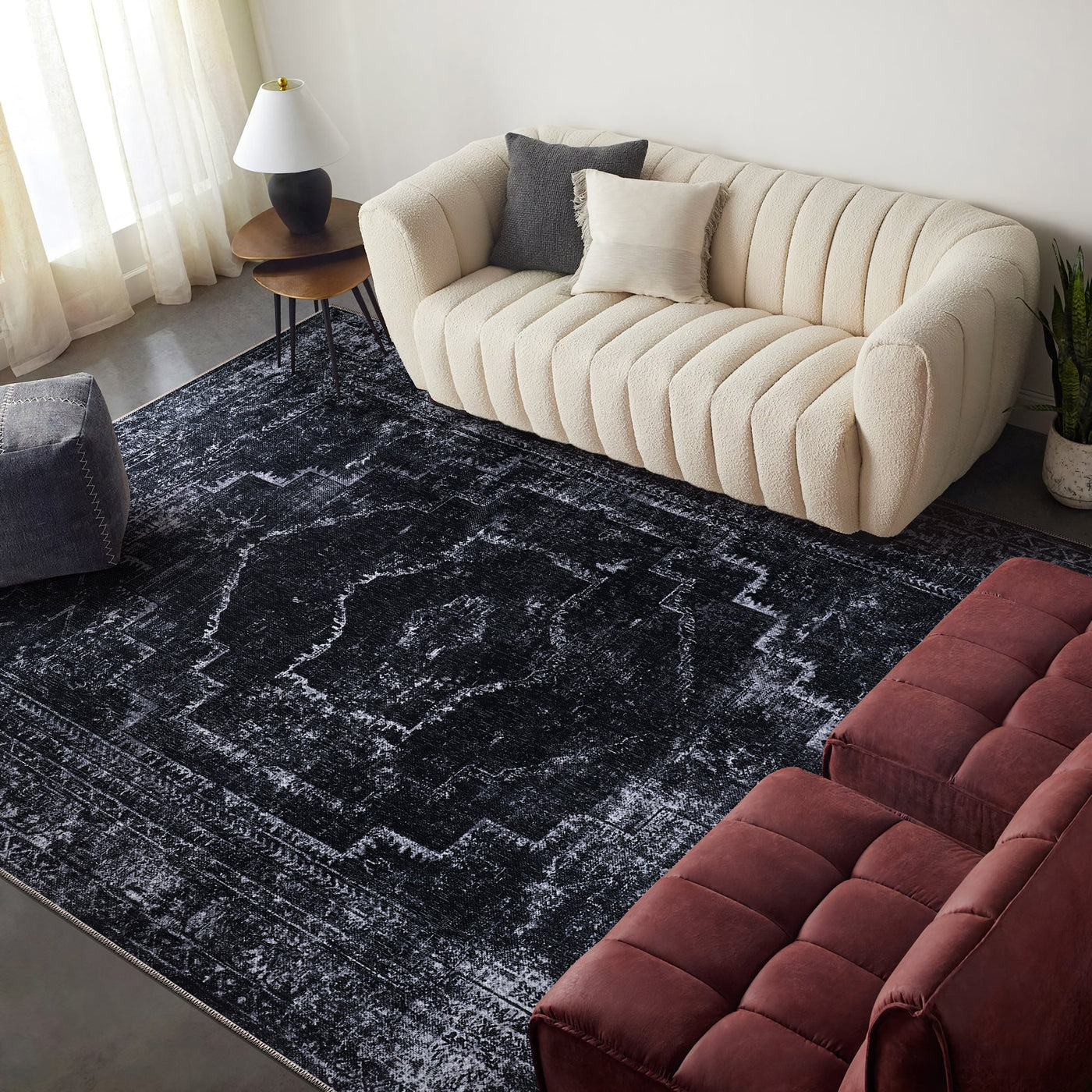 Machine washable black rug with vintage medallion design by Netline Home, ideal for living room, bedroom, or office decor.