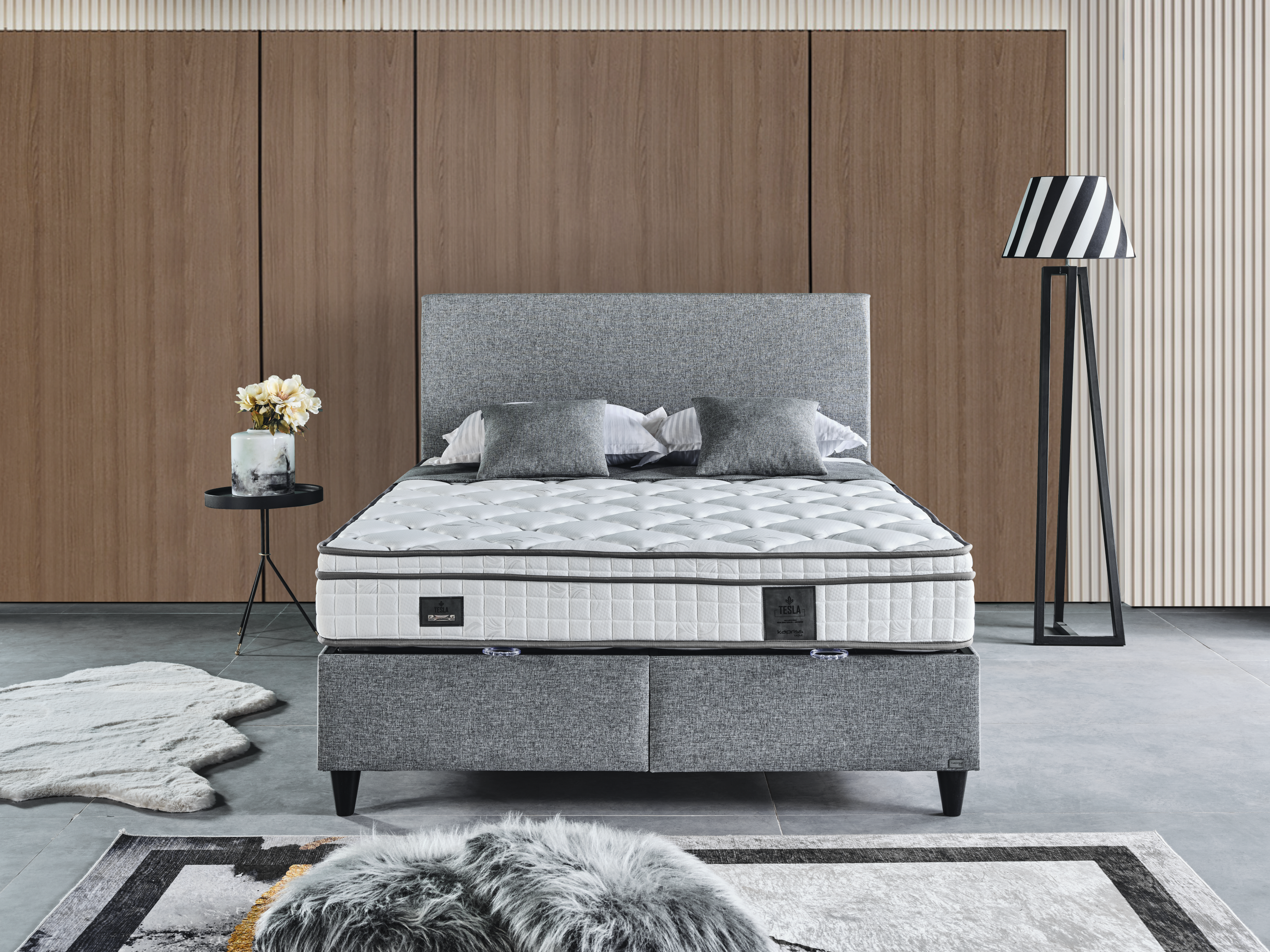 Tesla Bed Sets by Netline Home Interior featuring a stylish bedroom with neatly made bed, matching bedding, and modern decor.