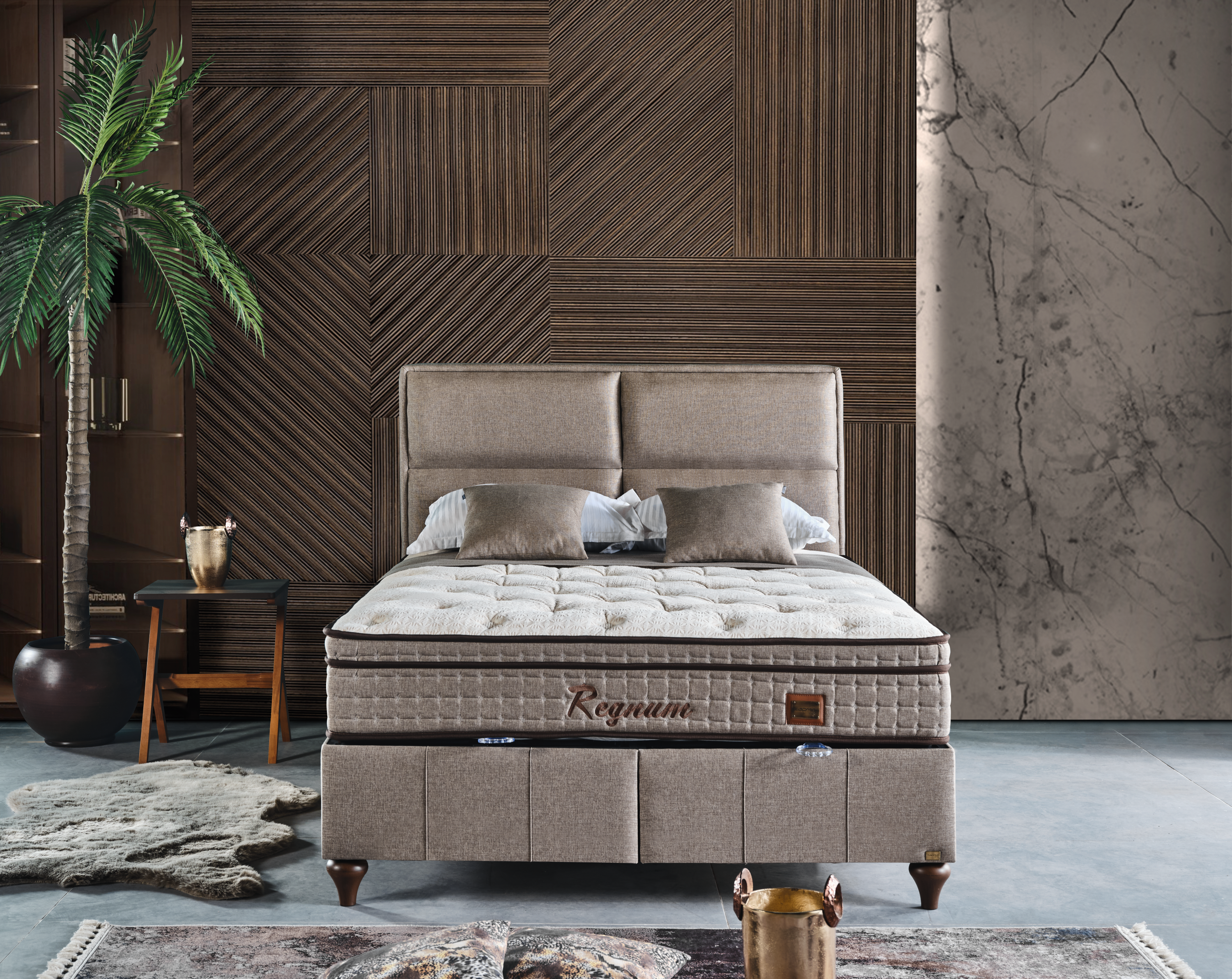Netline Home Interior Regnum Bed Sets with stylish bedding, featuring a cozy, modern bedroom setup with pillows and a matching duvet.
