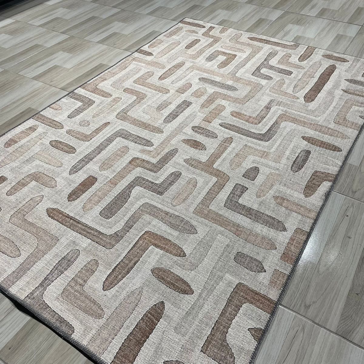 Layered Geometry Taupe Washable Rug by Netline Home