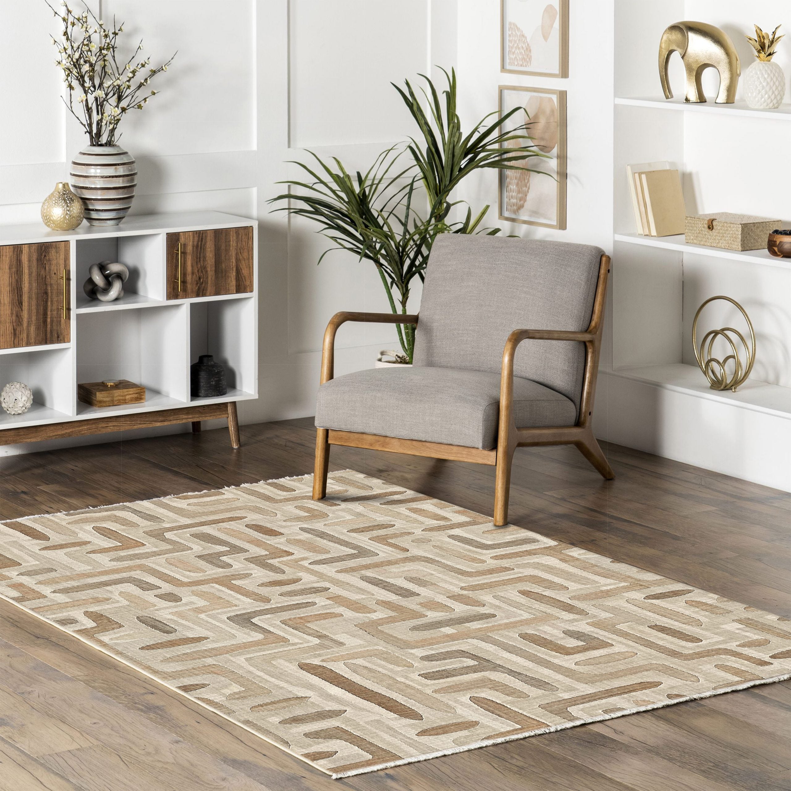 Layered Geometry Taupe Washable Rug by Netline Home