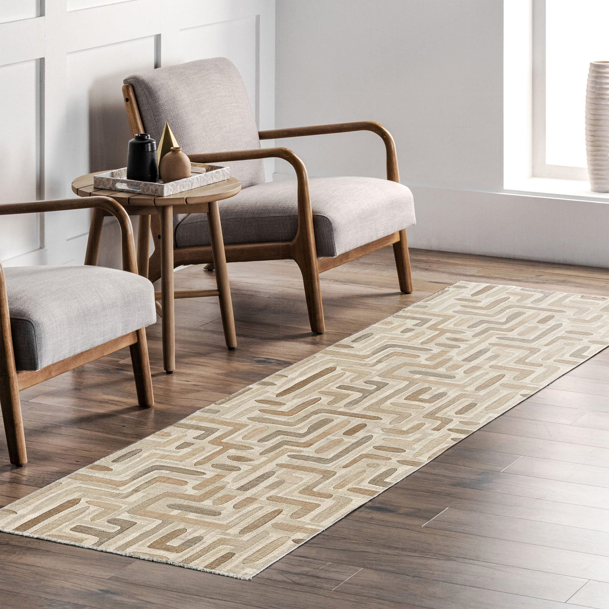 Layered Geometry Taupe Washable Rug by Netline Home