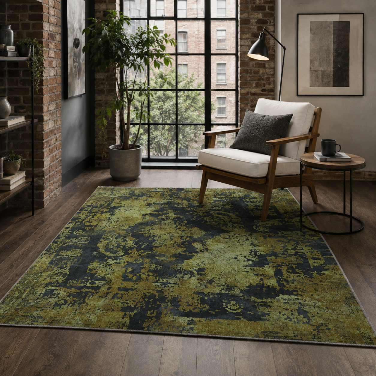 Netline Home Yellow Gold Black Anthracite Vintage Machine Washable Chenille Rug Design NH7020