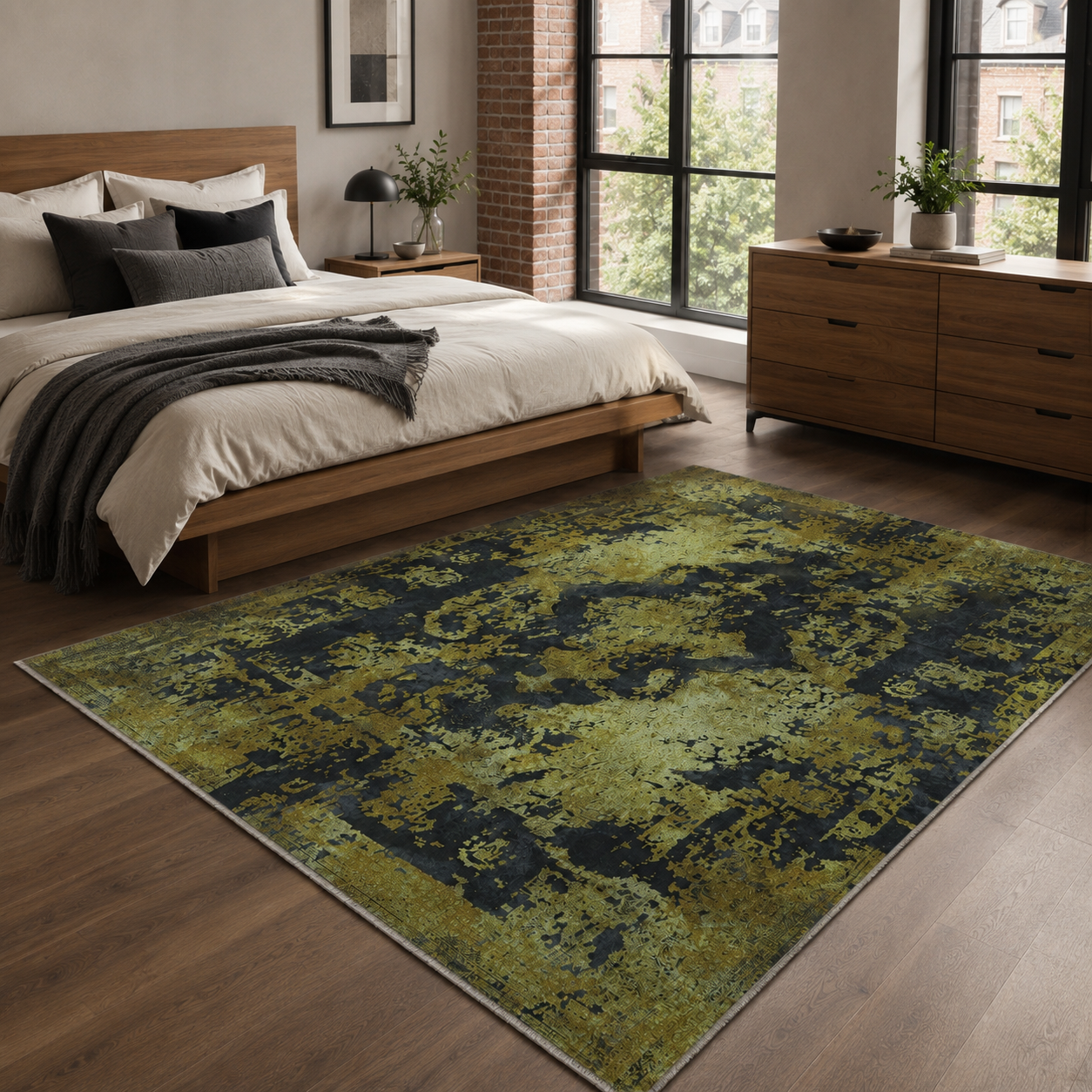 Netline Home Yellow Gold Black Anthracite Vintage Machine Washable Chenille Rug Design NH7020