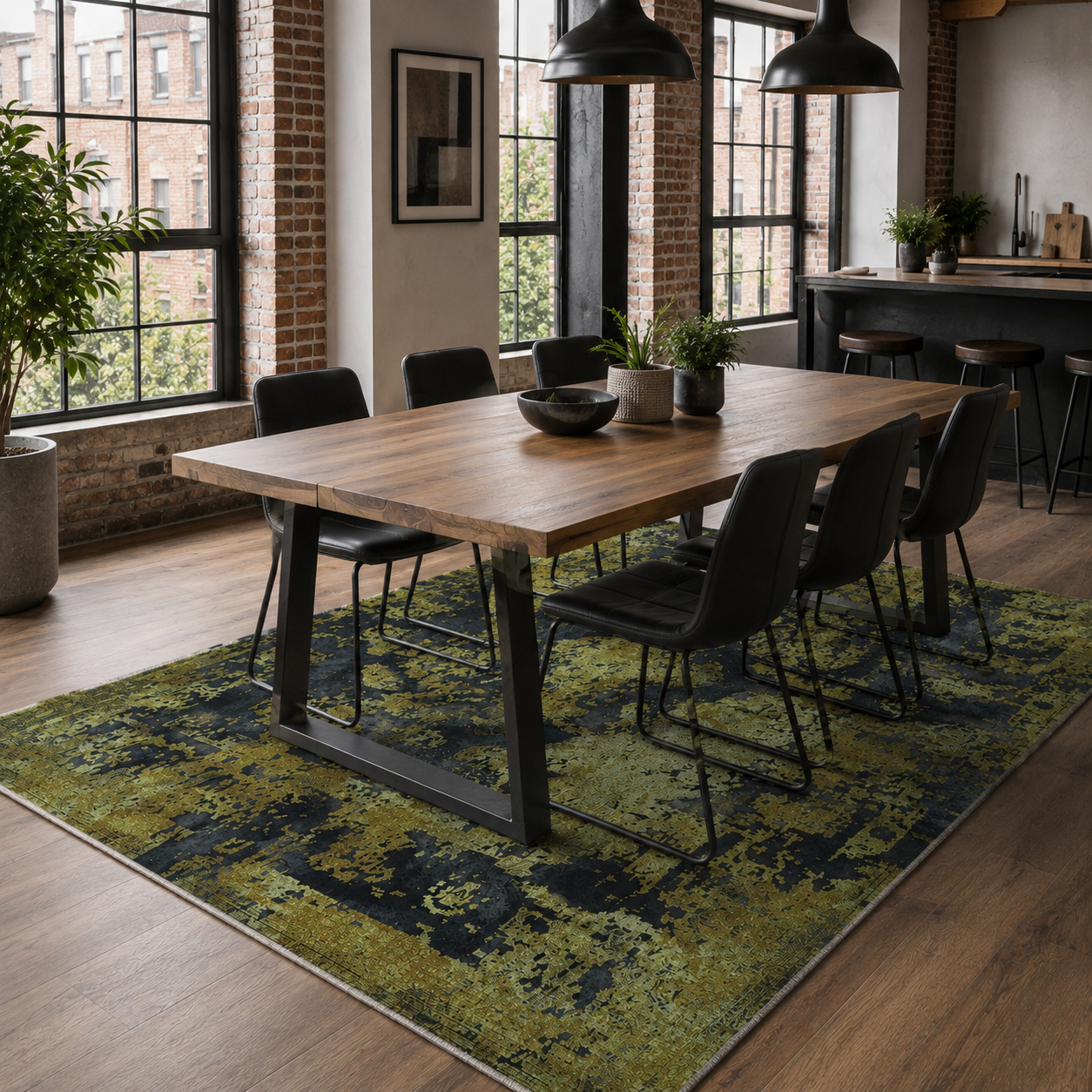 Netline Home Yellow Gold Black Anthracite Vintage Machine Washable Chenille Rug Design NH7020
