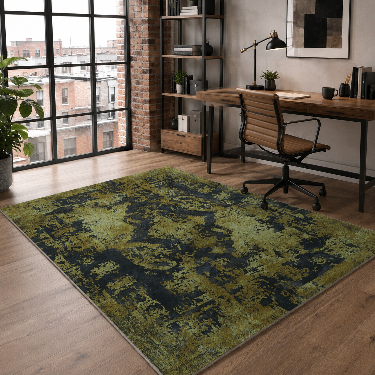 Netline Home Yellow Gold Black Anthracite Vintage Machine Washable Chenille Rug Design NH7020