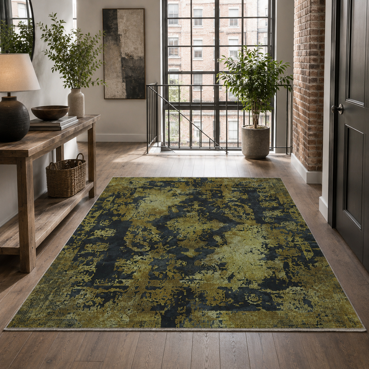 Netline Home Yellow Gold Black Anthracite Vintage Machine Washable Chenille Rug Design NH7020