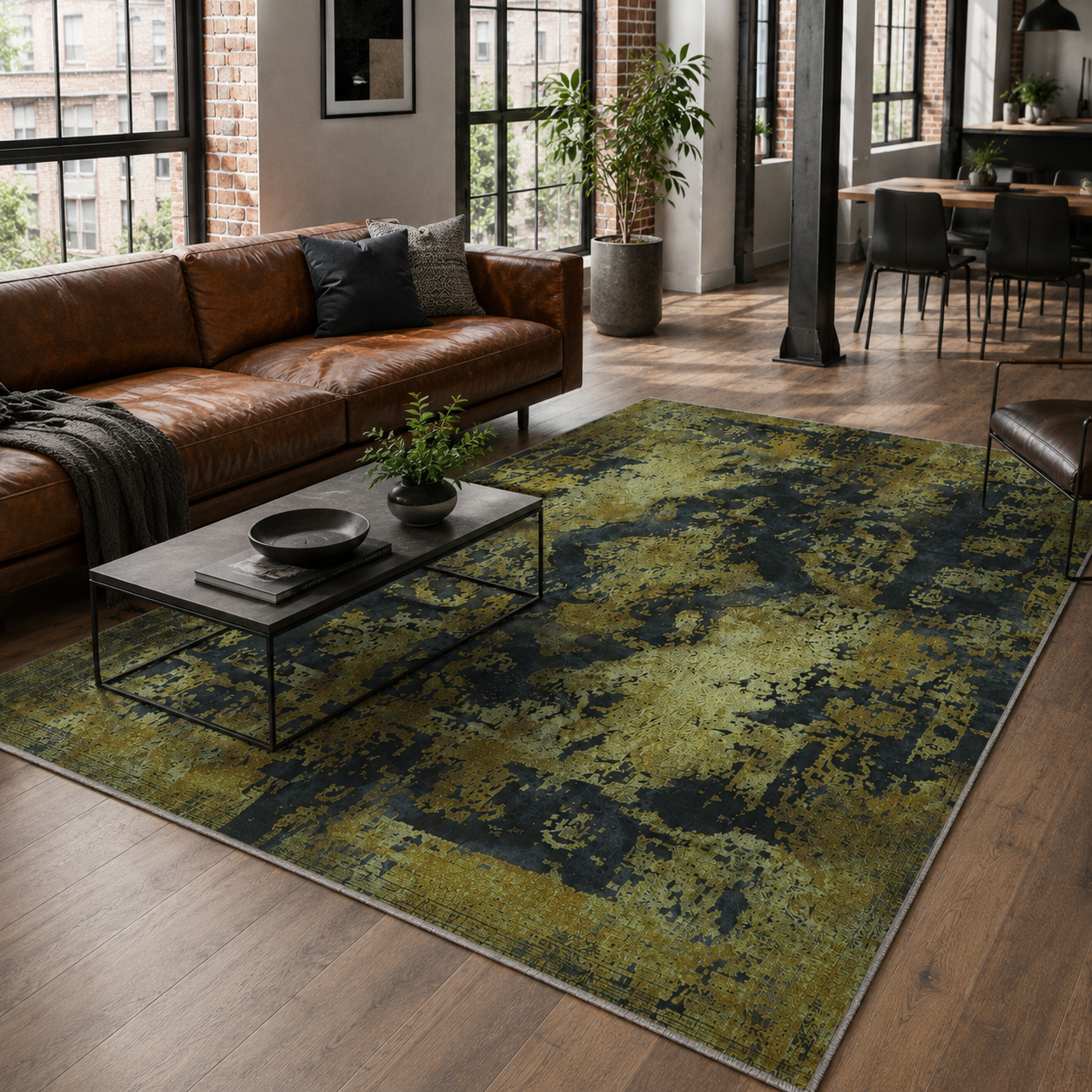 Netline Home Yellow Gold Black Anthracite Vintage Machine Washable Chenille Rug Design NH7020