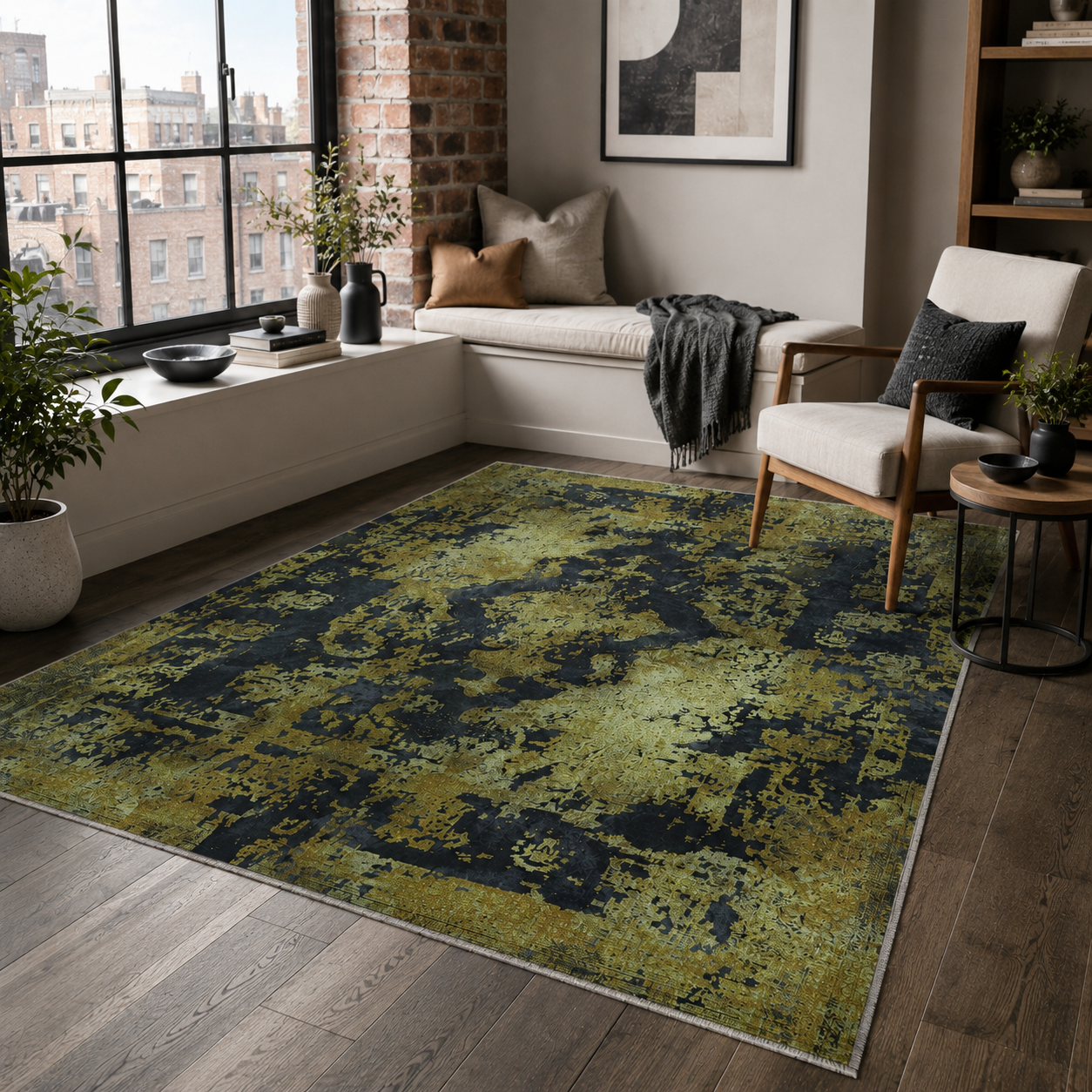 Netline Home Yellow Gold Black Anthracite Vintage Machine Washable Chenille Rug Design NH7020