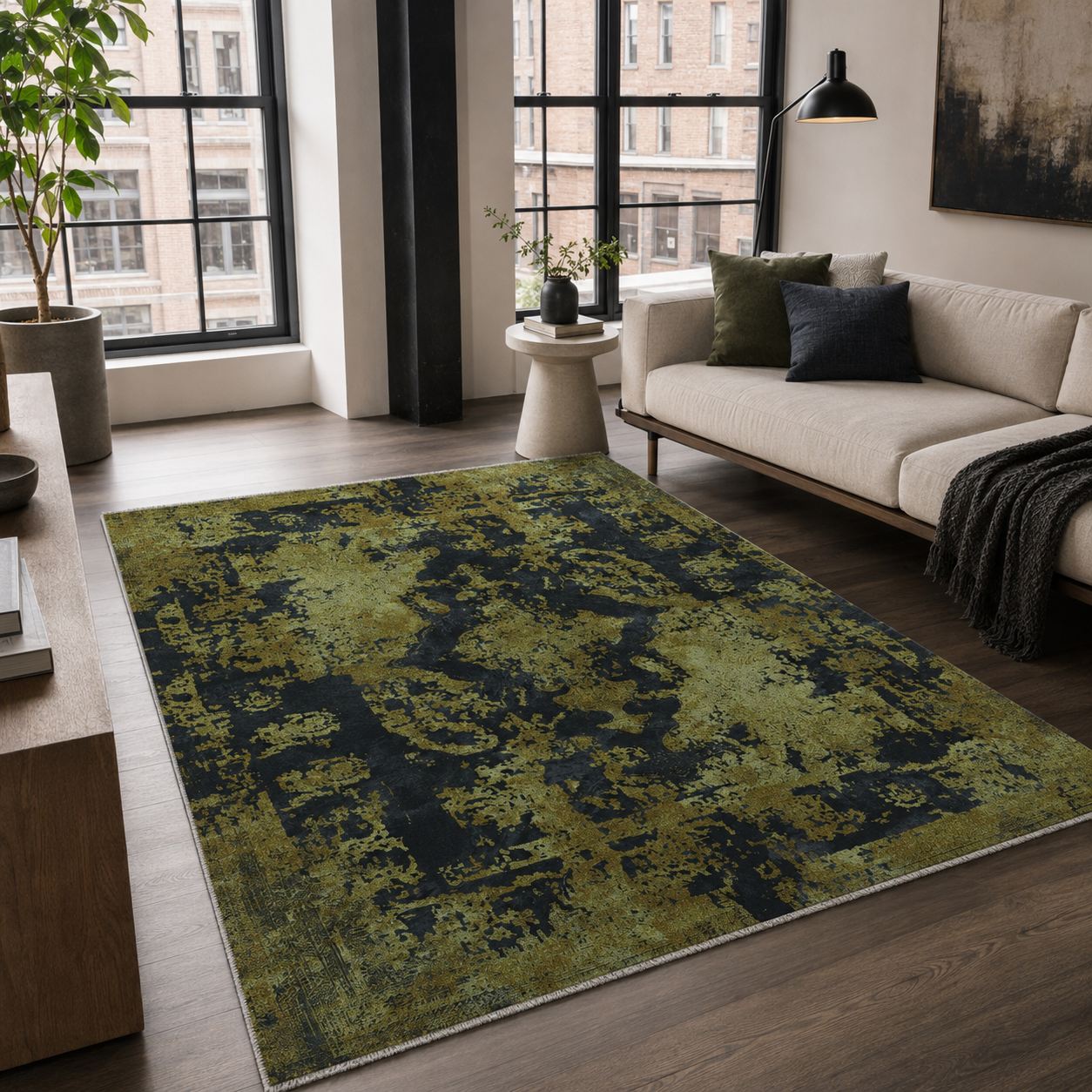 Netline Home Yellow Gold Black Anthracite Vintage Machine Washable Chenille Rug Design NH7020