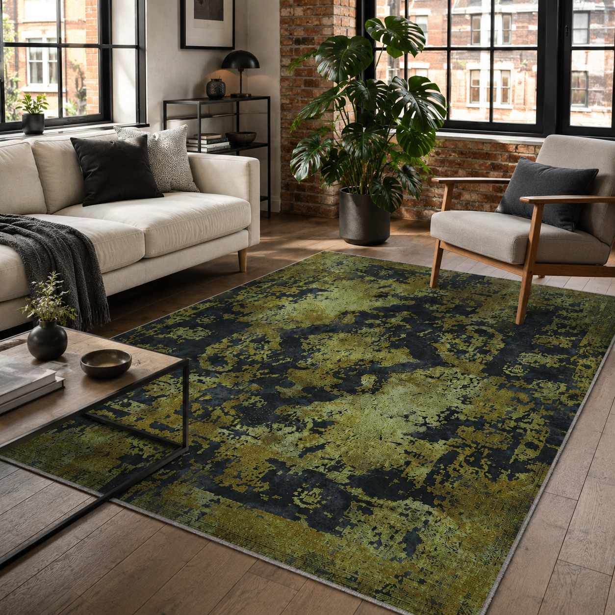 Netline Home Yellow Gold Black Anthracite Vintage Machine Washable Chenille Rug Design NH7020