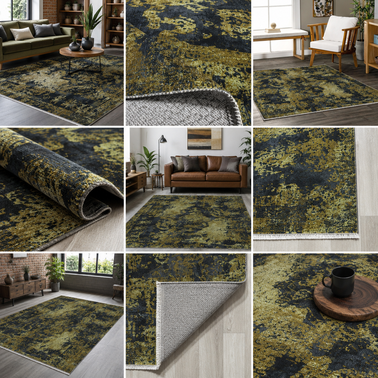 Netline Home Yellow Gold Black Anthracite Vintage Machine Washable Chenille Rug Design NH7020