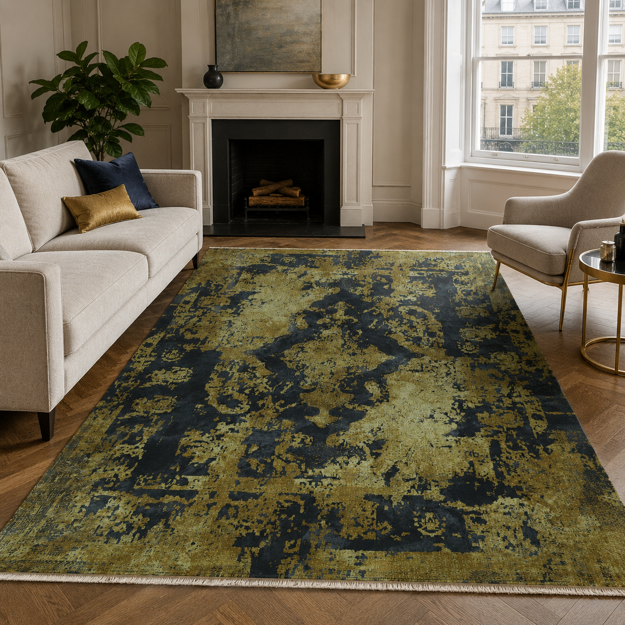 Netline Home Yellow Gold Black Anthracite Vintage Machine Washable Chenille Rug Design NH7020