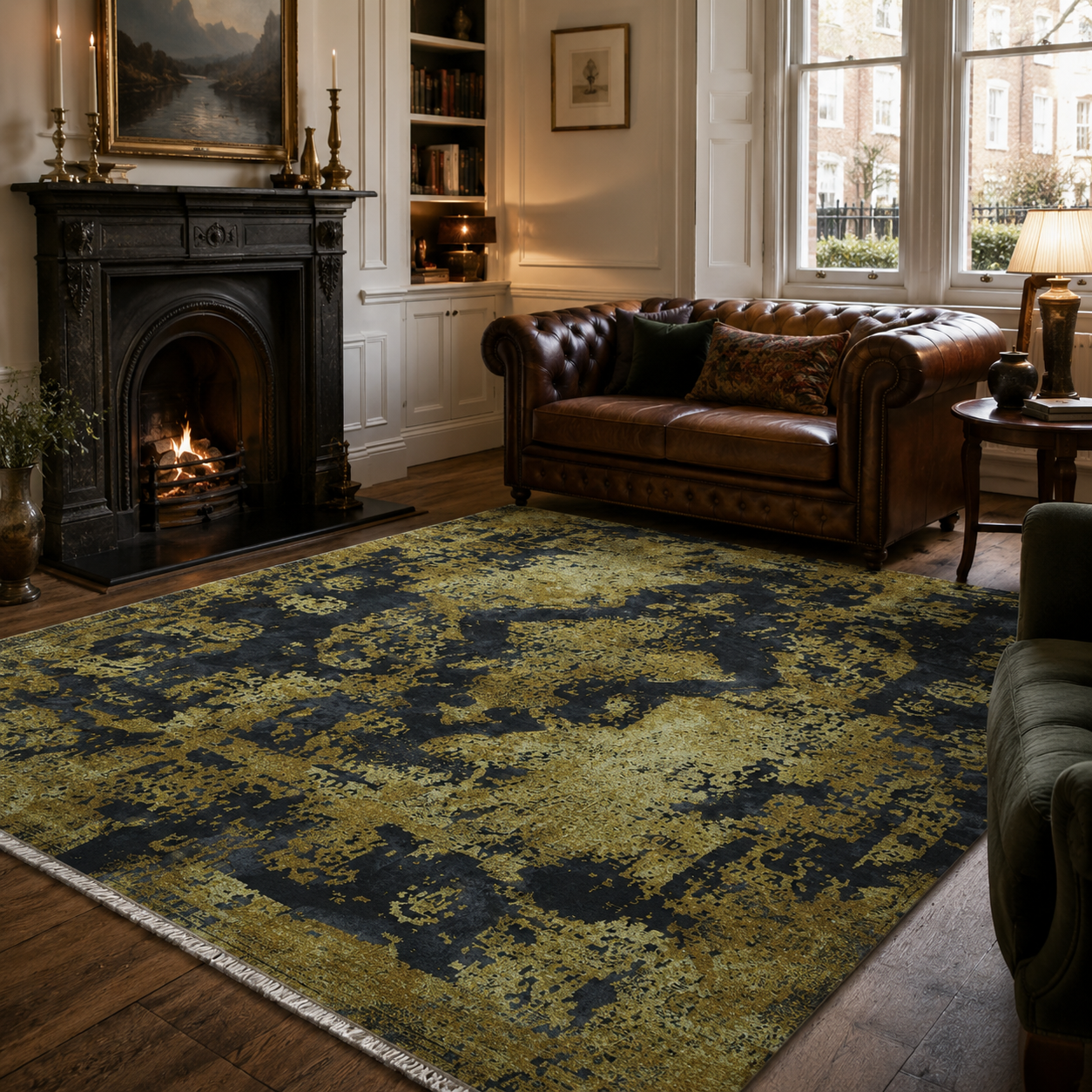 Netline Home Yellow Gold Black Anthracite Vintage Machine Washable Chenille Rug Design NH7020
