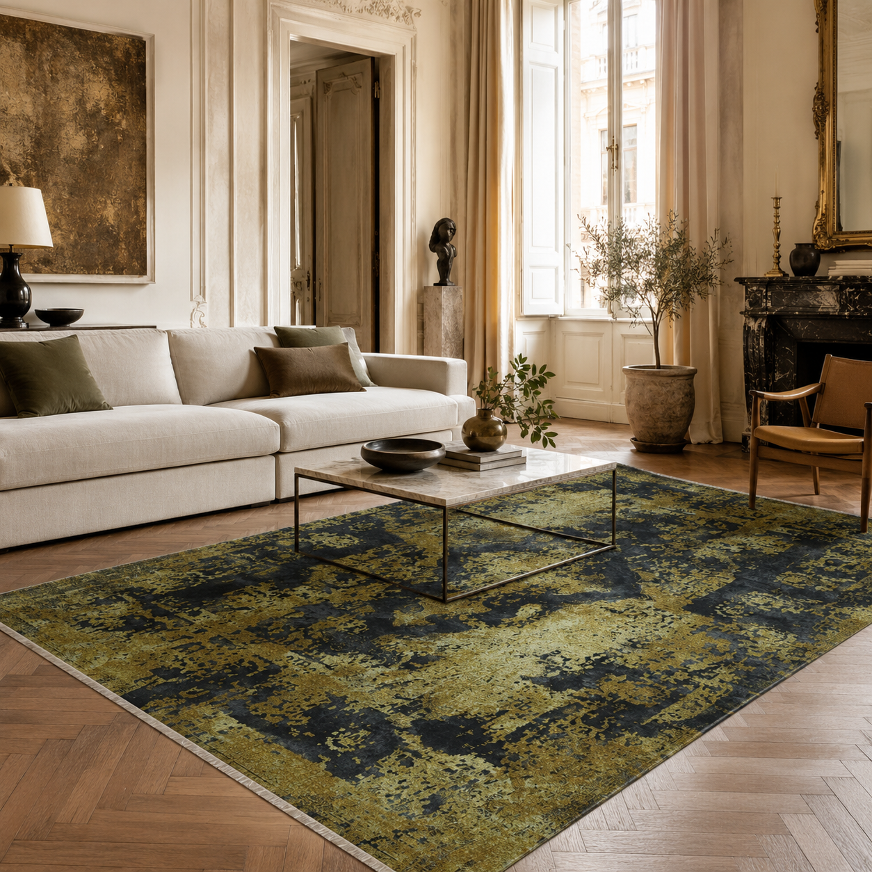 Netline Home Yellow Gold Black Anthracite Vintage Machine Washable Chenille Rug Design NH7020