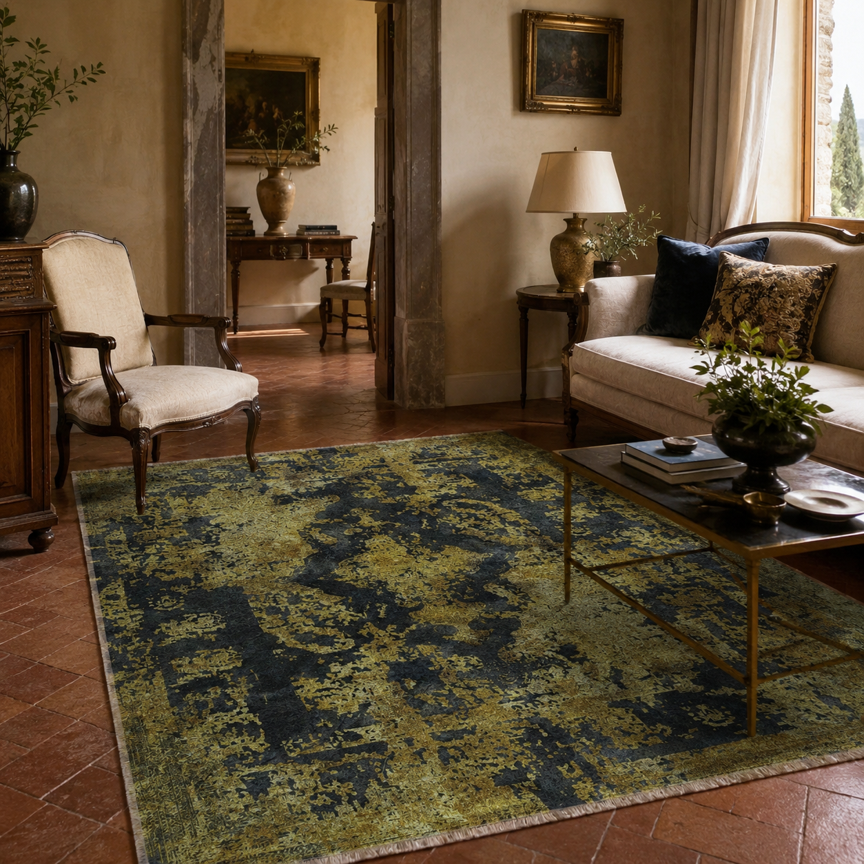 Netline Home Yellow Gold Black Anthracite Vintage Machine Washable Chenille Rug Design NH7020