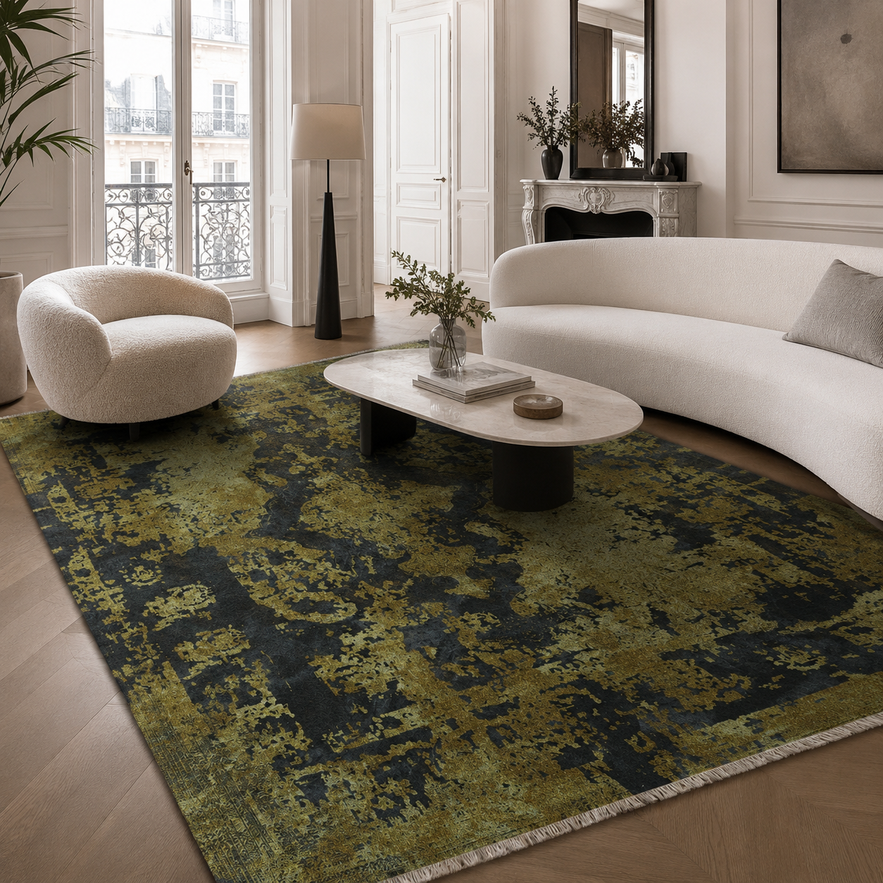 Netline Home Yellow Gold Black Anthracite Vintage Machine Washable Chenille Rug Design NH7020