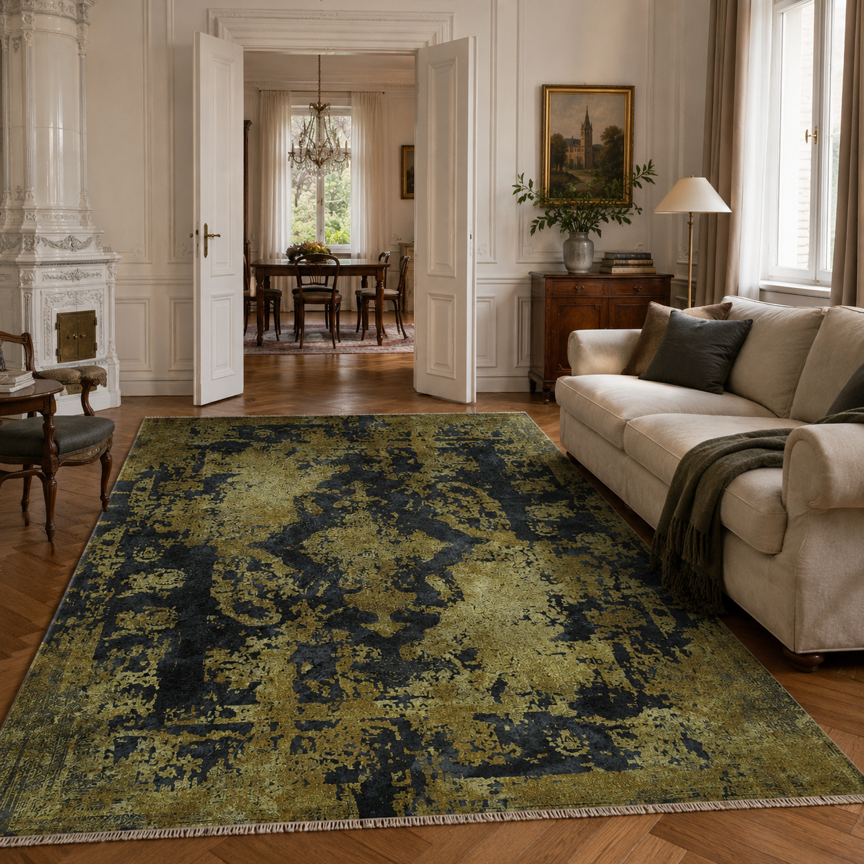 Netline Home Yellow Gold Black Anthracite Vintage Machine Washable Chenille Rug Design NH7020