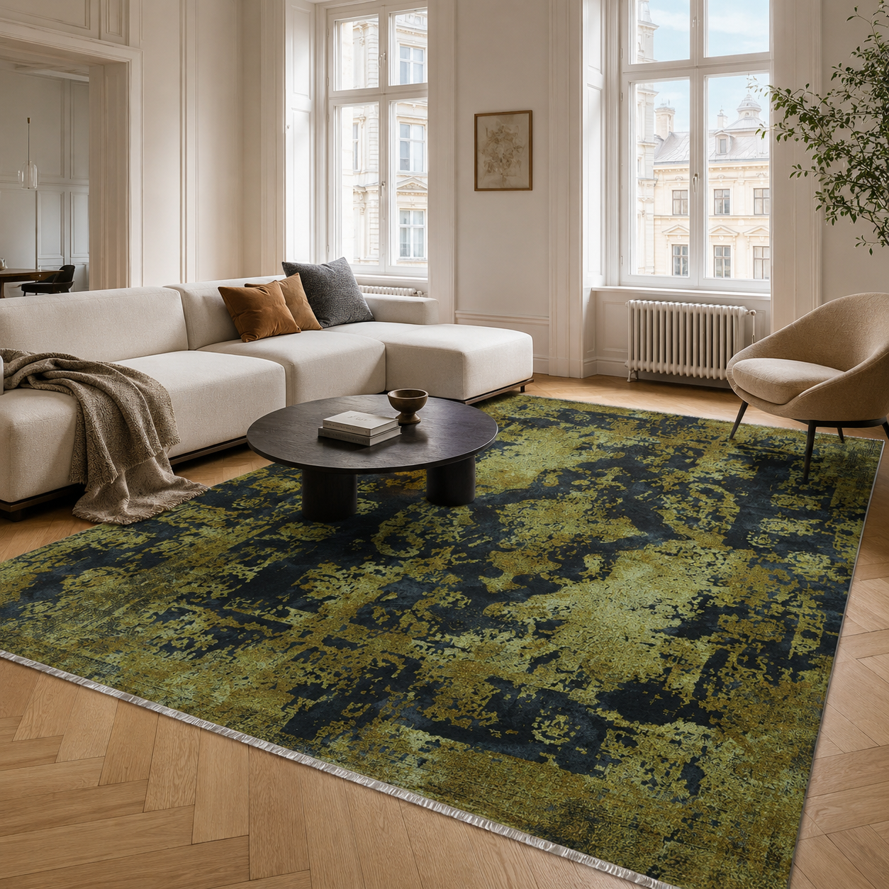 Netline Home Yellow Gold Black Anthracite Vintage Machine Washable Chenille Rug Design NH7020