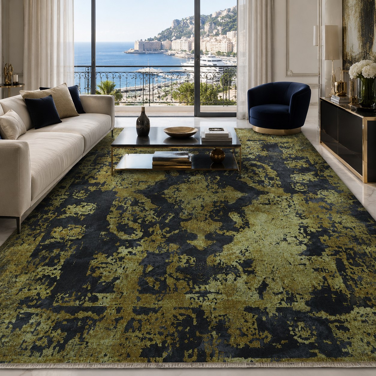 Netline Home Yellow Gold Black Anthracite Vintage Machine Washable Chenille Rug Design NH7020