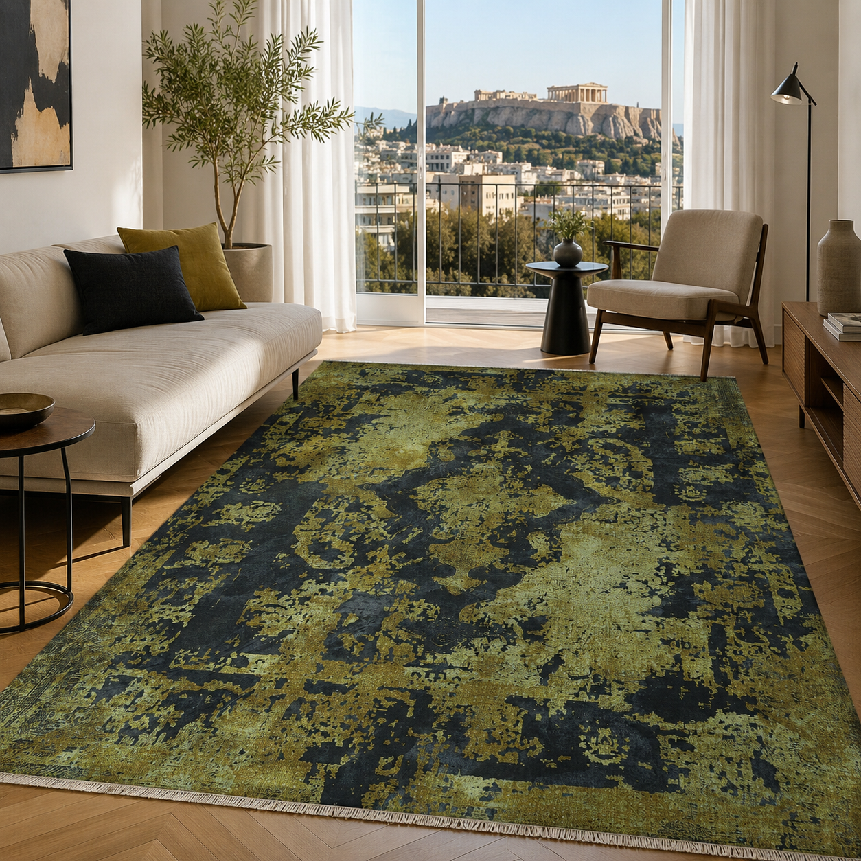 Netline Home Yellow Gold Black Anthracite Vintage Machine Washable Chenille Rug Design NH7020