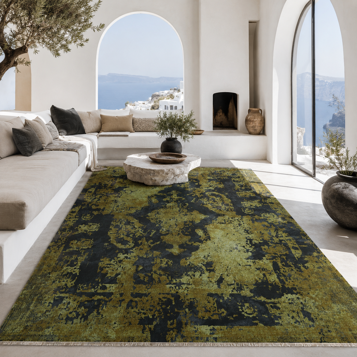 Netline Home Yellow Gold Black Anthracite Vintage Machine Washable Chenille Rug Design NH7020