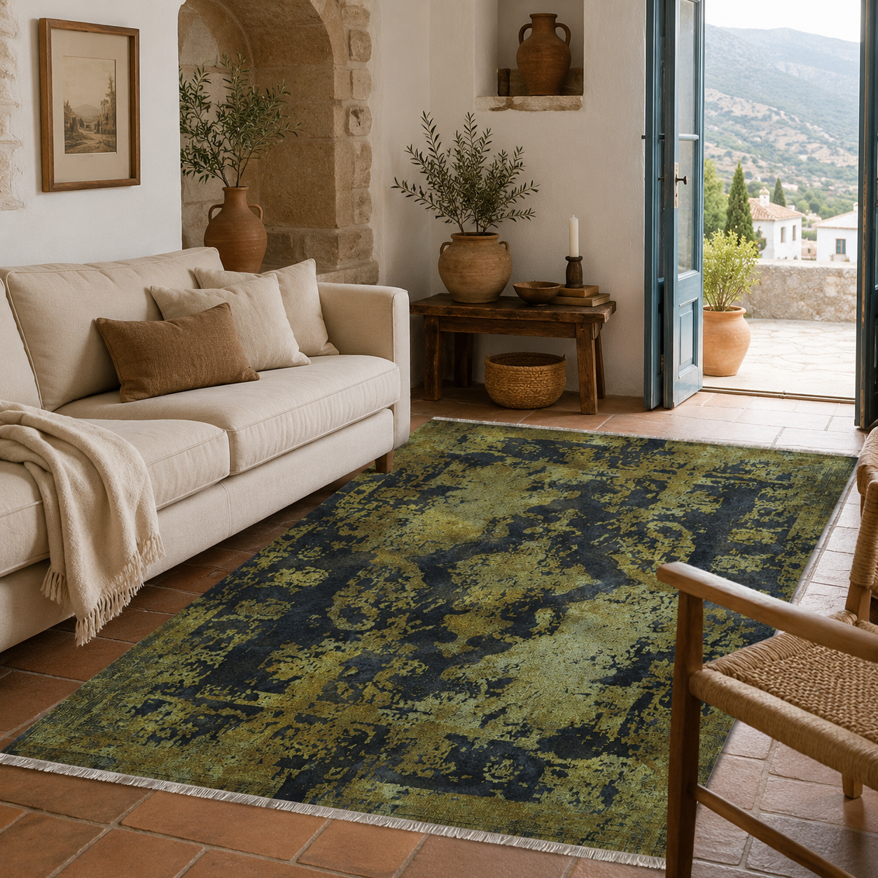Netline Home Yellow Gold Black Anthracite Vintage Machine Washable Chenille Rug Design NH7020