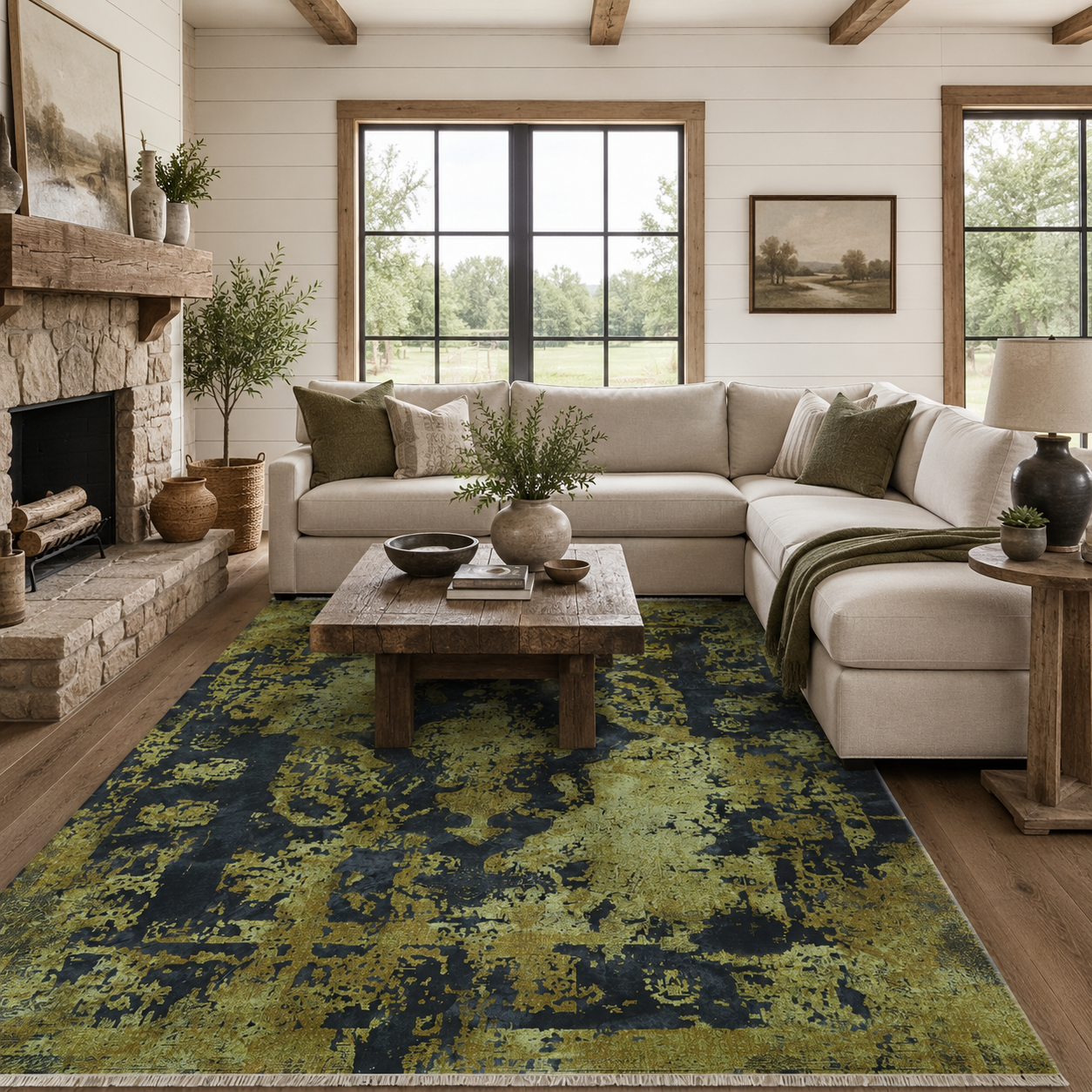 Netline Home Yellow Gold Black Anthracite Vintage Machine Washable Chenille Rug Design NH7020