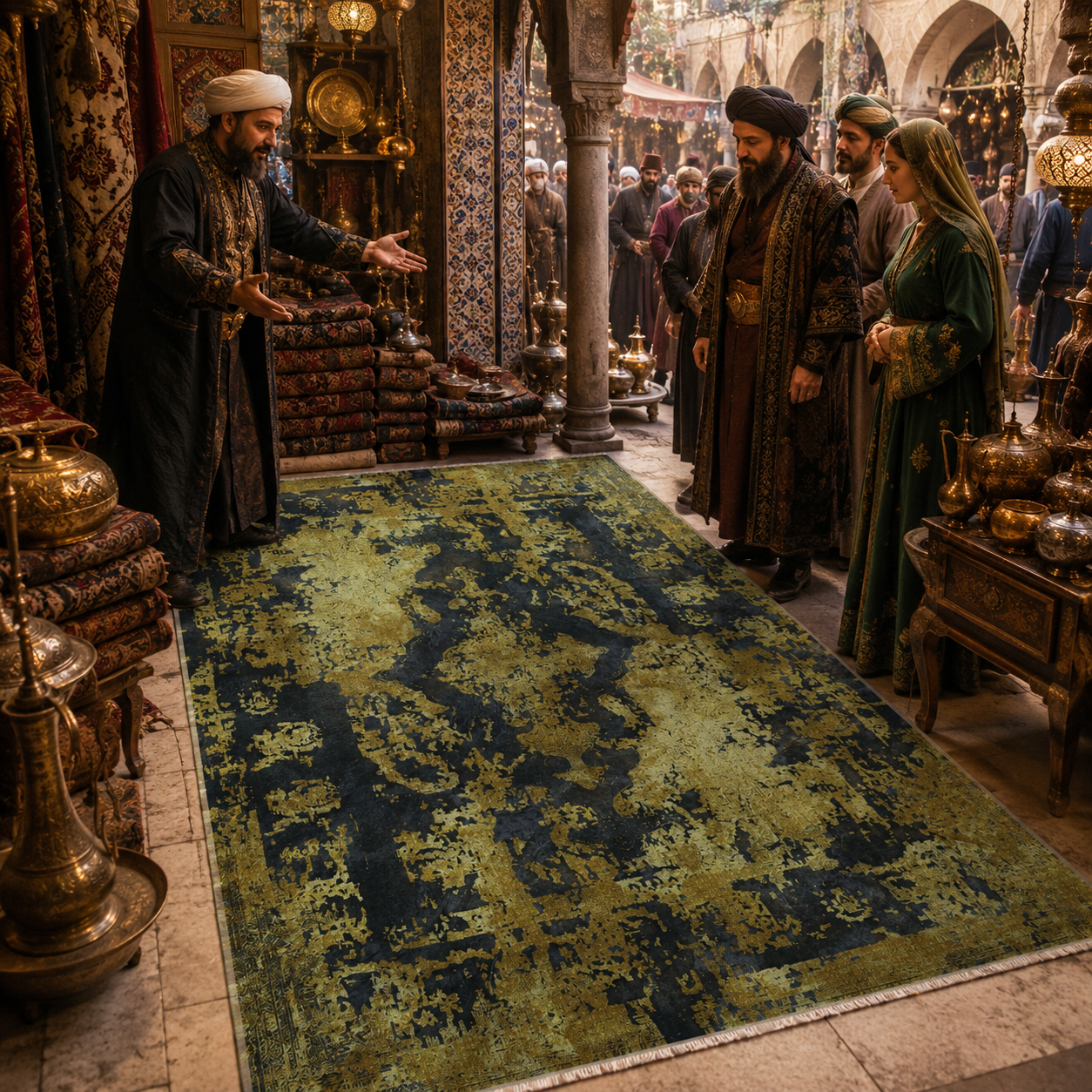 Netline Home Yellow Gold Black Anthracite Vintage Machine Washable Chenille Rug Design NH7020
