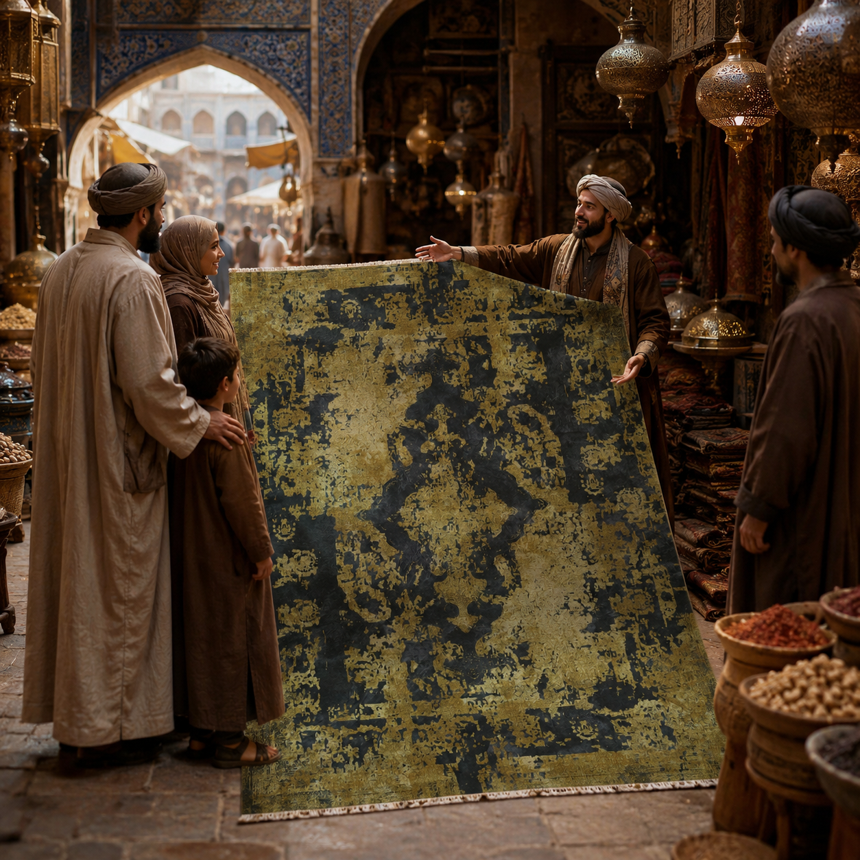 Netline Home Yellow Gold Black Anthracite Vintage Machine Washable Chenille Rug Design NH7020