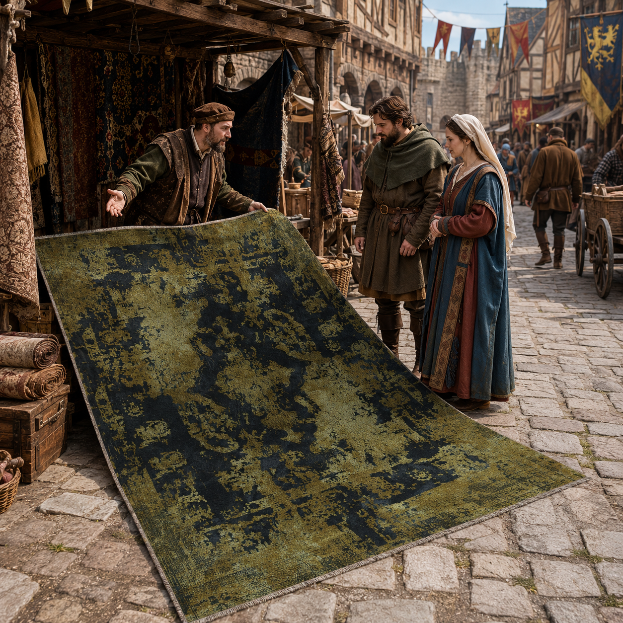 Netline Home Yellow Gold Black Anthracite Vintage Machine Washable Chenille Rug Design NH7020