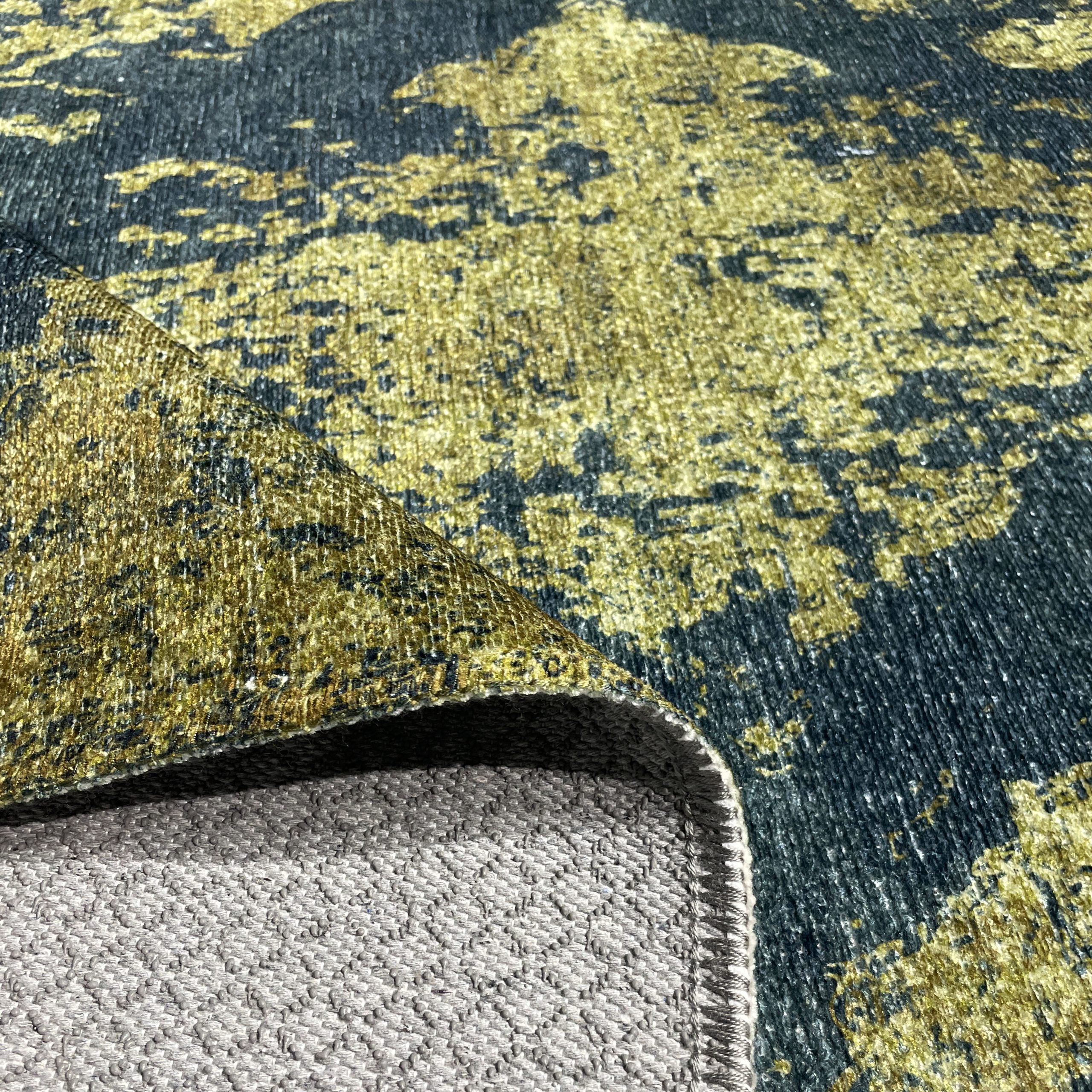 Netline Home Yellow Gold Black Anthracite Vintage Machine Washable Chenille Rug Design NH7020