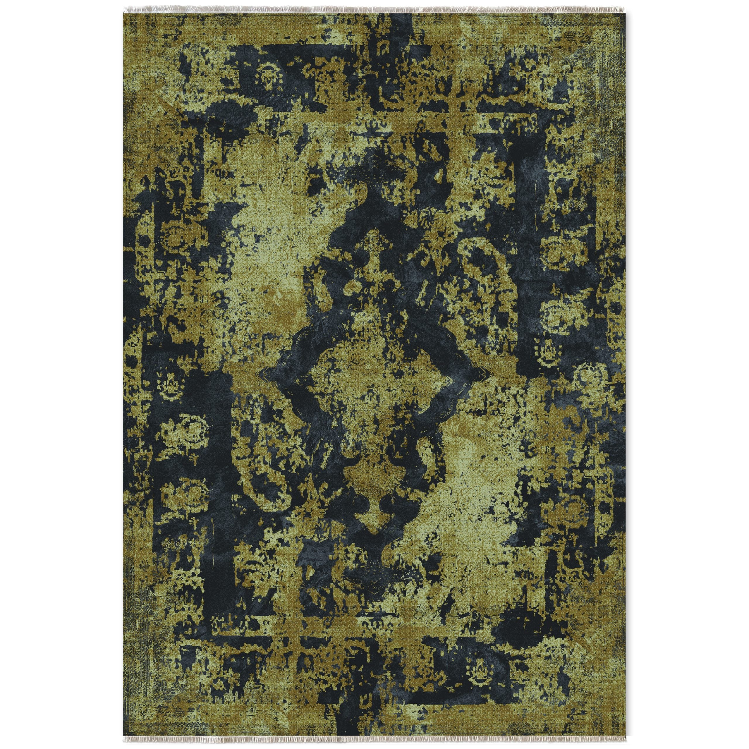 Netline Home Yellow Gold Black Anthracite Vintage Machine Washable Chenille Rug Design NH7020