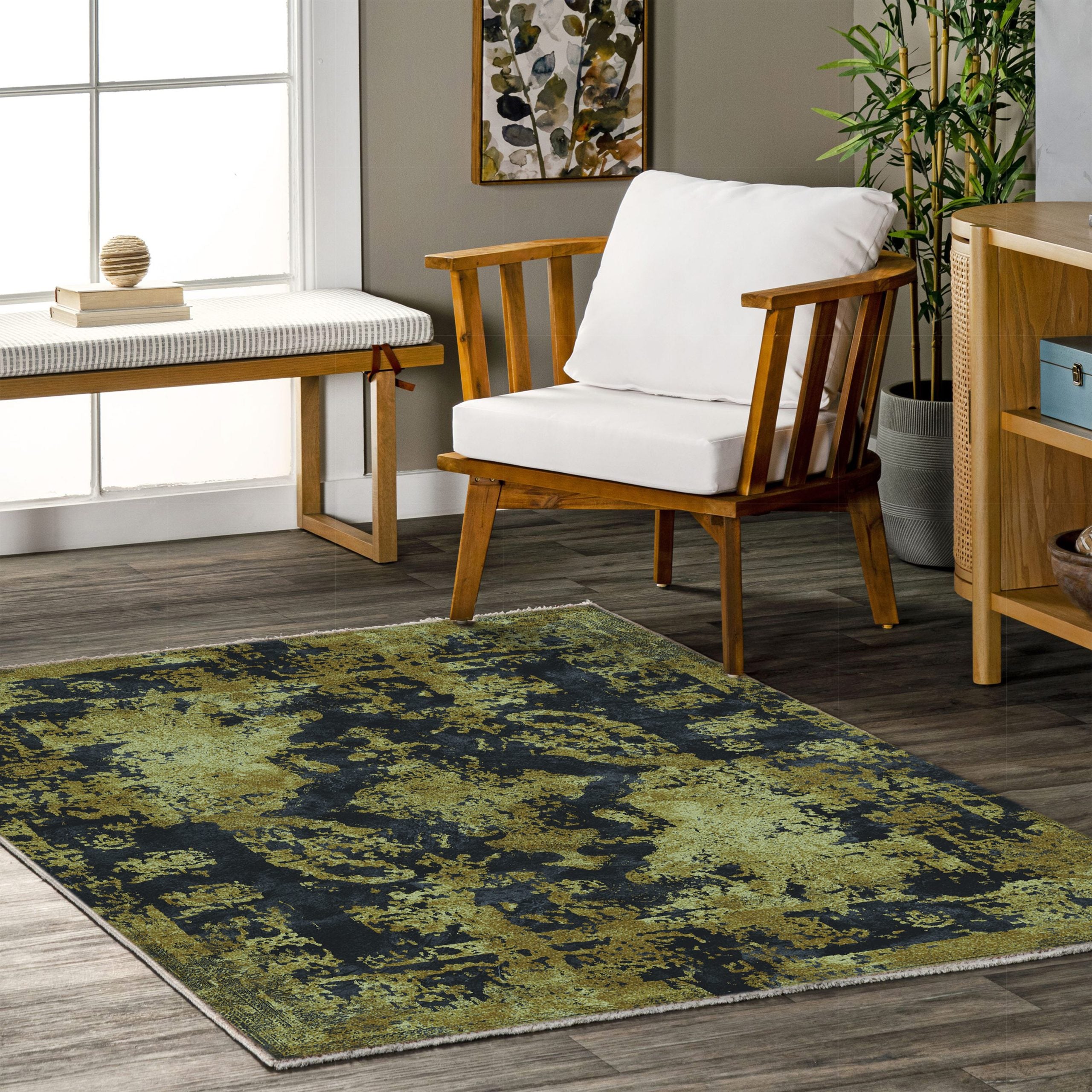 Netline Home Yellow Gold Black Anthracite Vintage Machine Washable Chenille Rug Design NH7020